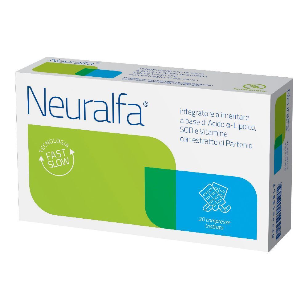 Scatola bianca "Neuralfa". Contiene 20 compresse. Colori verde e blu. Testo: "integratore alimentare".