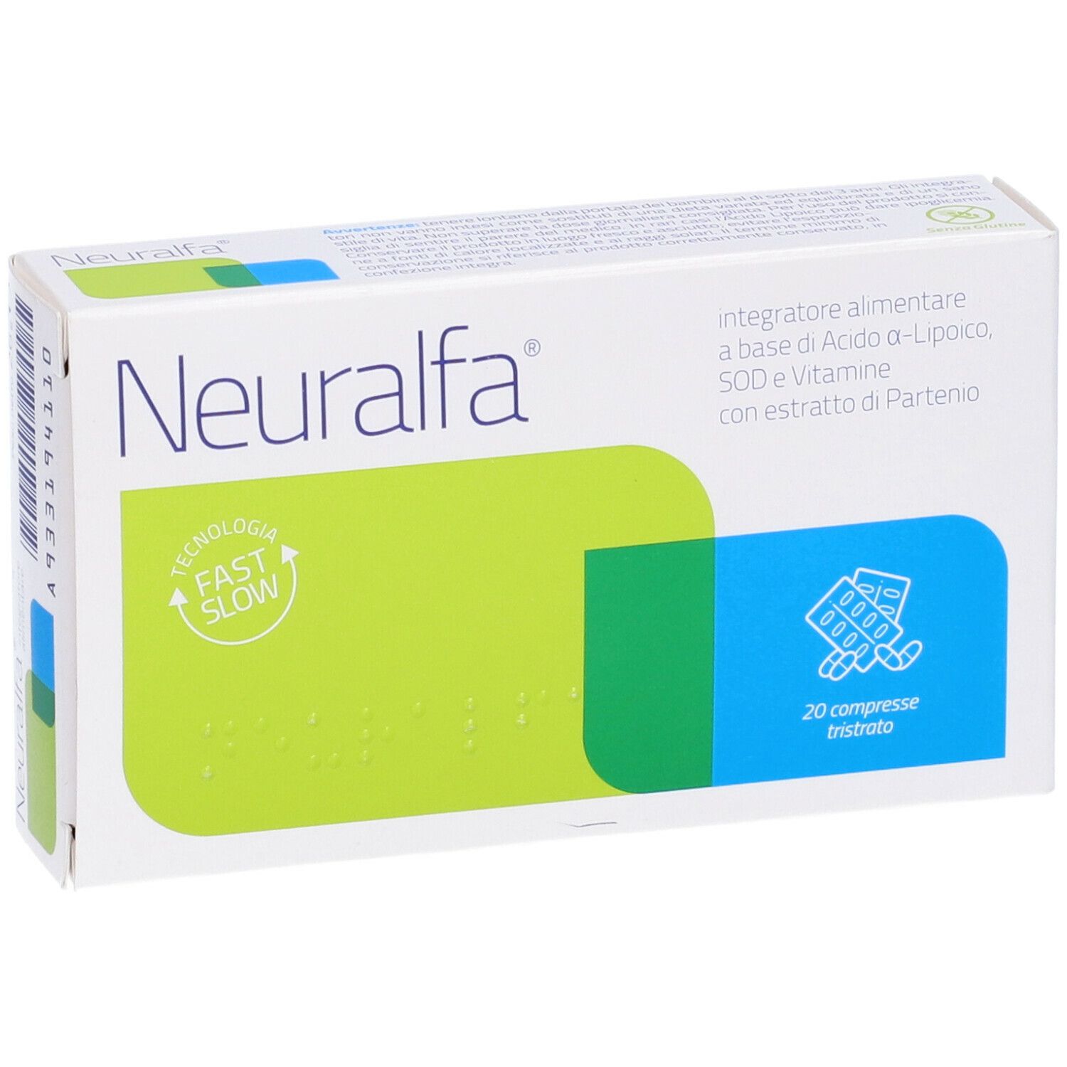Scatola bianca "Neuralfa" con aree verdi e blu. Testo: "integratore alimentare". 20 compresse. Logo "Fast Slow".