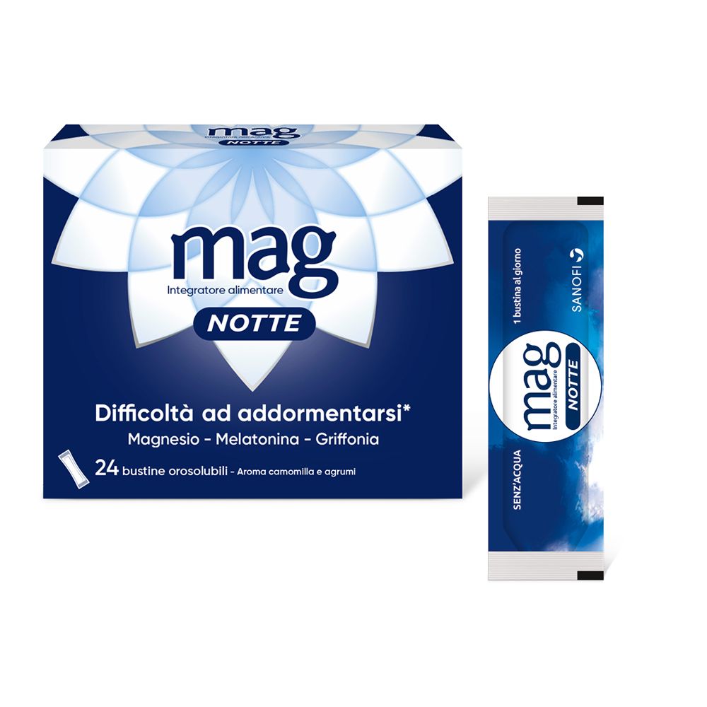 Mag Notte con Melatonina, Magnesio, Griffonia per Dormire Bene, Favorire il Rilassamento e Qualità del Sonno, 24 bst