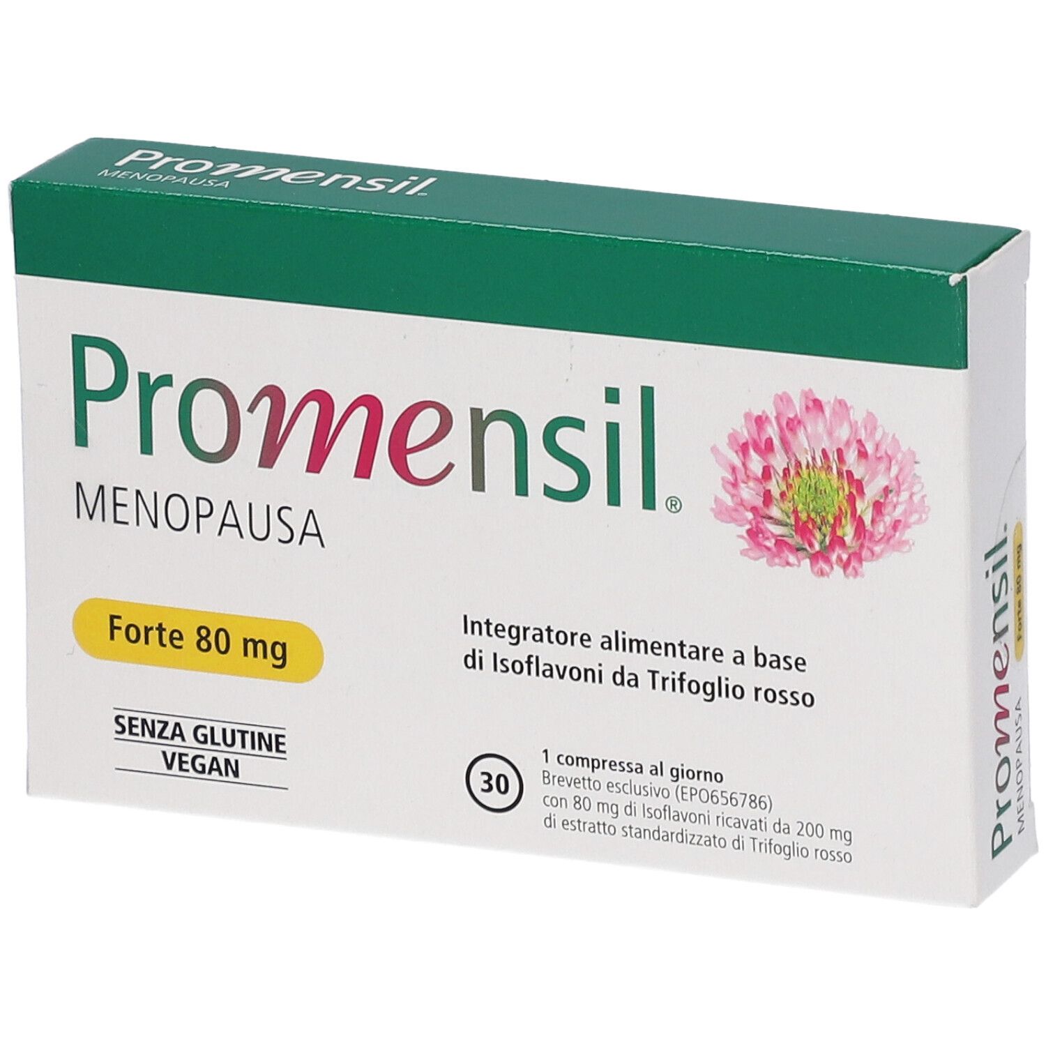 Promensil Menopause Forte Packung. Enthält 30 Tabletten. Mit roter Kleeblüte-Illustration. Glutenfrei und vegan.