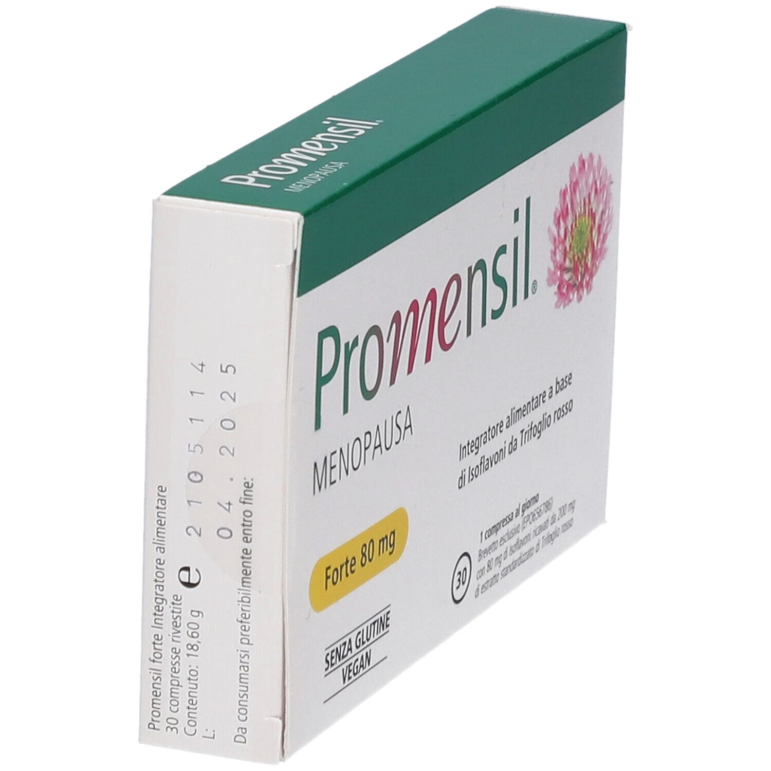 Promensil Menopause Forte Packung. Seitenansicht mit Text und Haltbarkeitsdatum. Enthält 30 Tabletten.