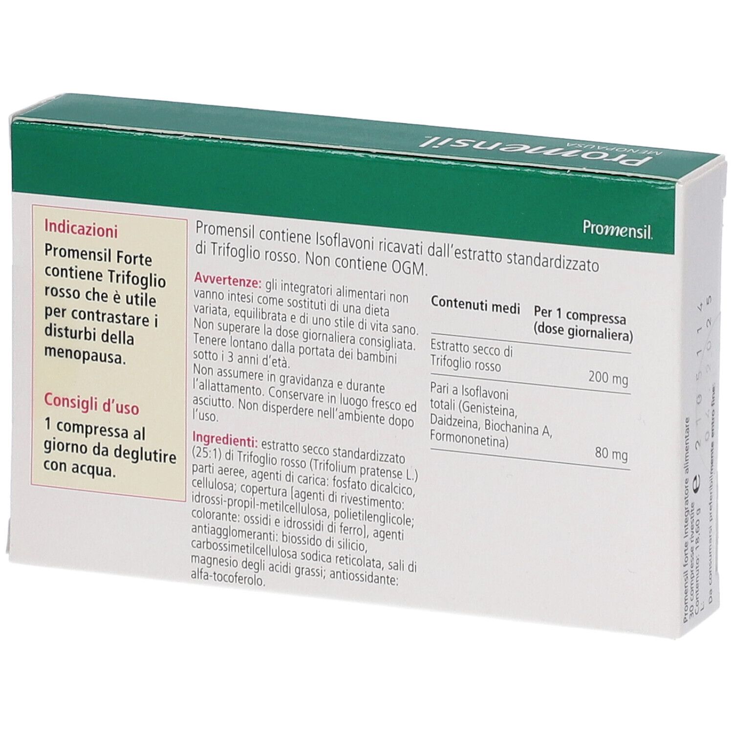 Rückseite der Promensil Menopause Forte Packung. Enthält Informationen zu Inhaltsstoffen und Anwendung.