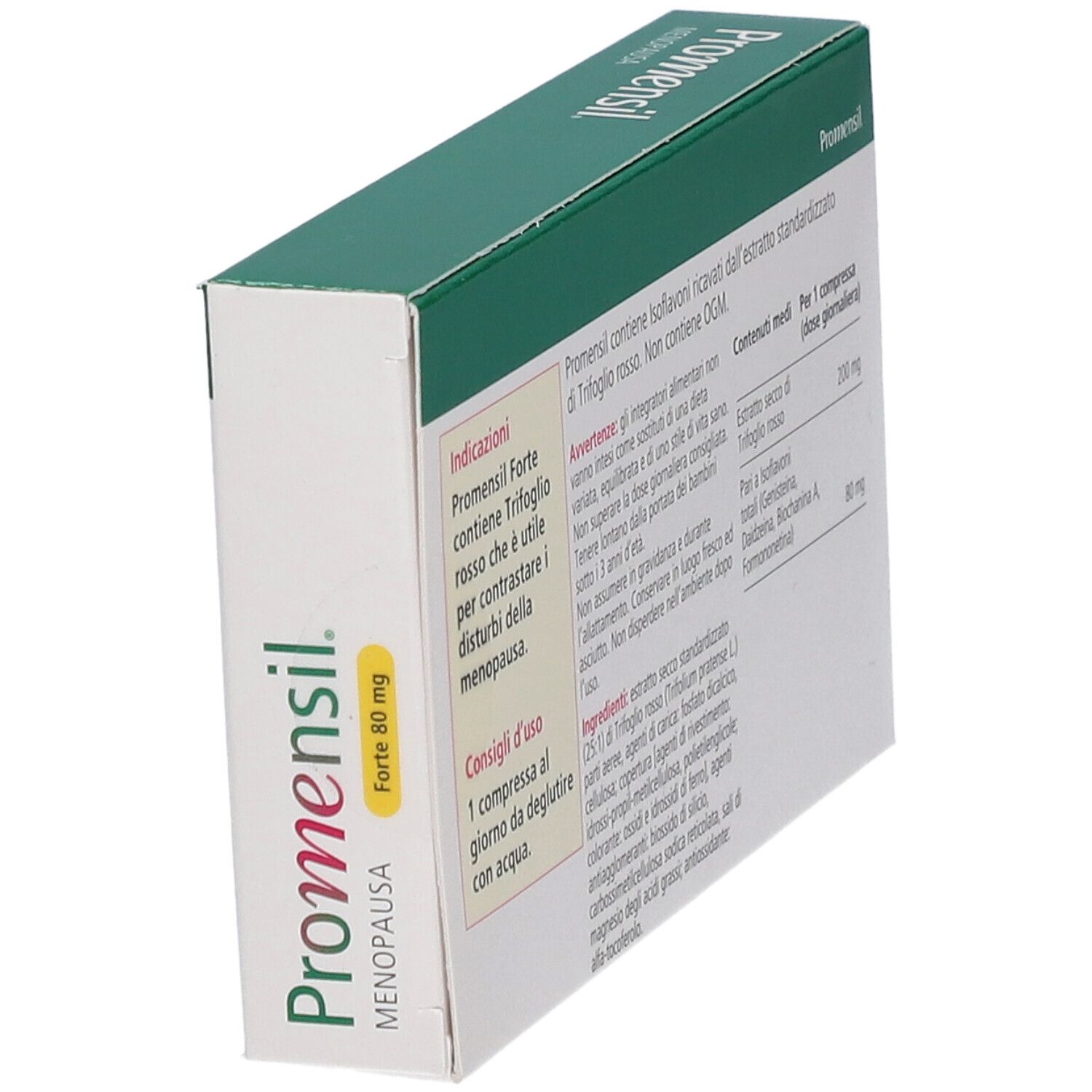 Promensil Menopause Forte Packung, schräge Ansicht. Text und Produktinformationen auf der Verpackung.