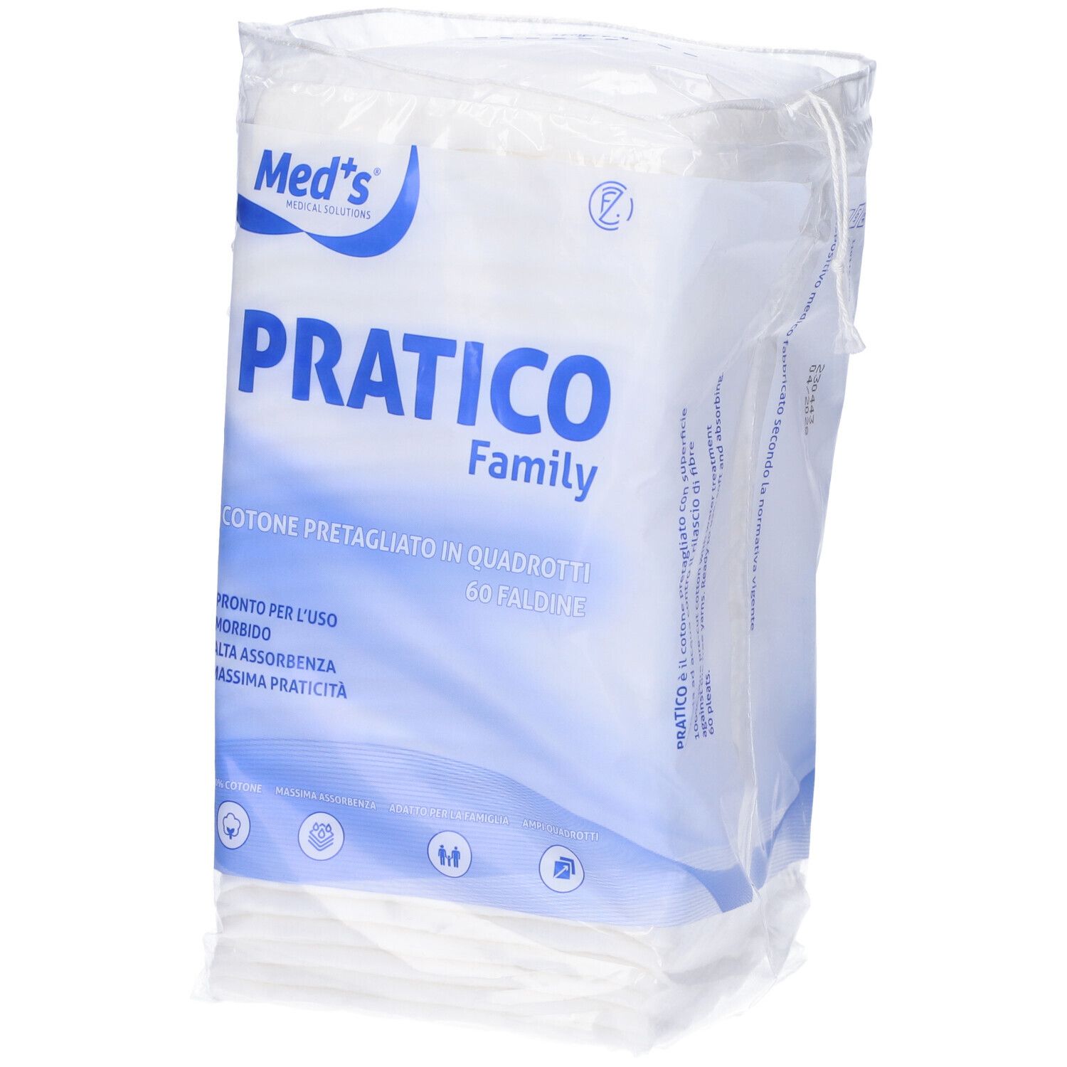 Verpackung mit quadratischen Wattepads. Aufschrift: PRATICO Family, 60 Falten. Marke: Med's.