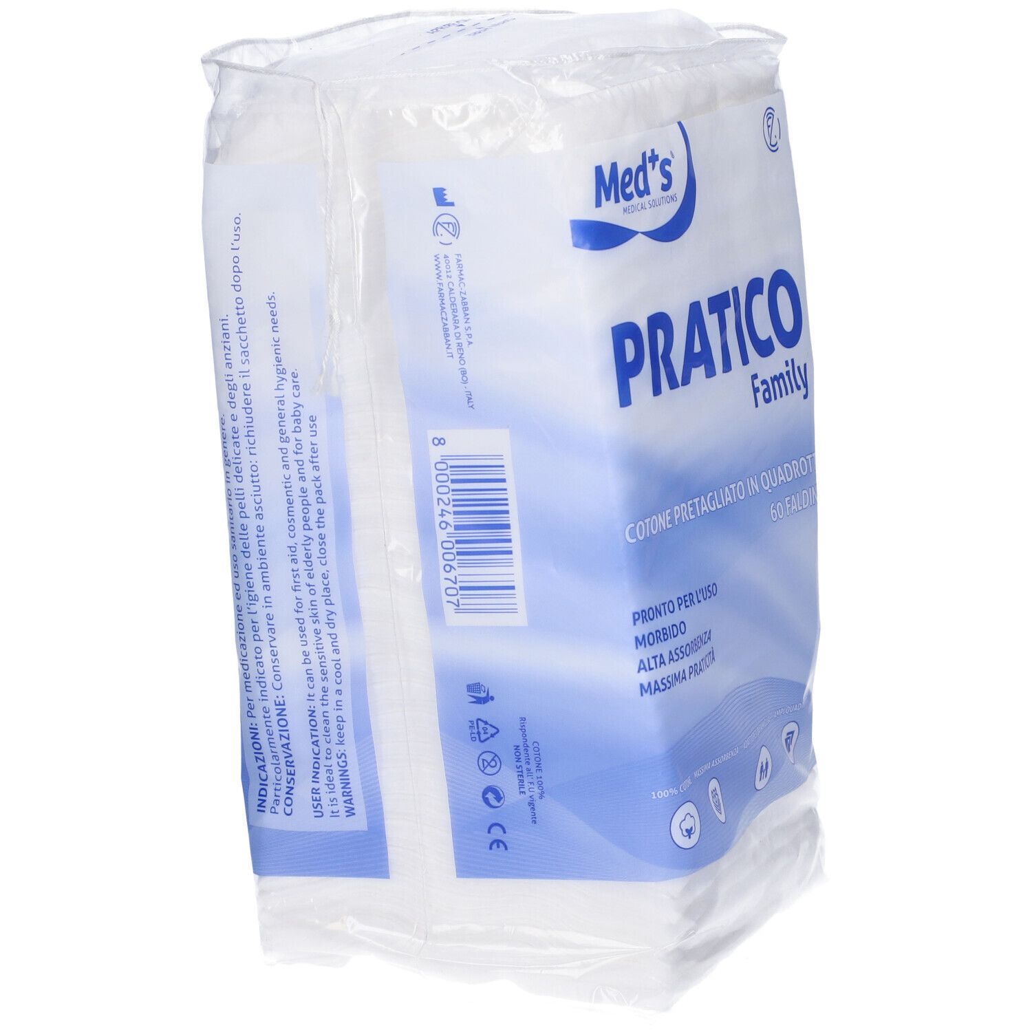 Verpackung mit quadratischen Wattepads. Aufschrift: PRATICO Family, 60 Falten. Marke: Med's. Rückseite mit Text und Barcode.