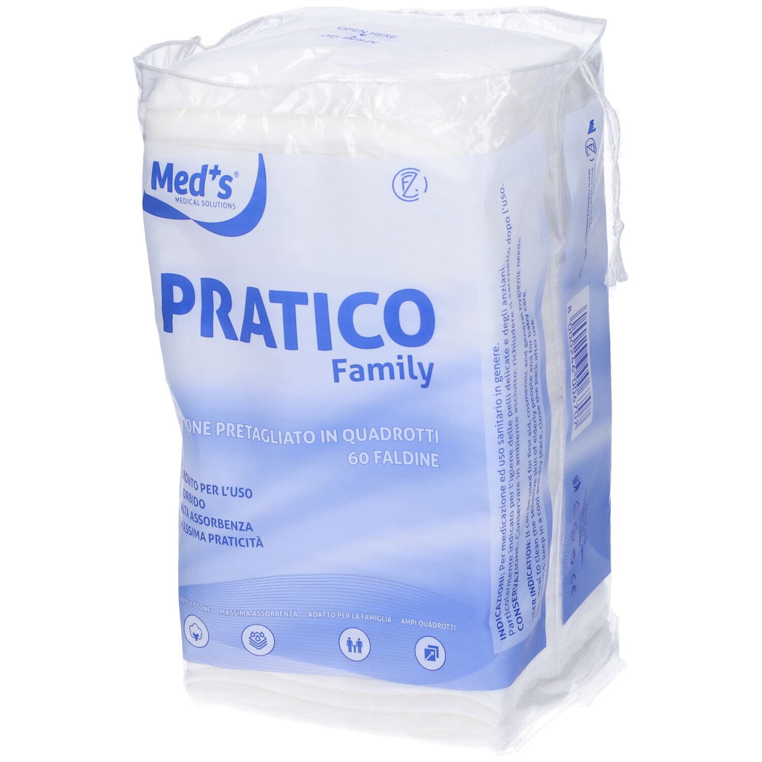 Verpackung mit quadratischen Wattepads. Aufschrift: PRATICO Family, 60 Falten. Marke: Med's. Ansicht von der Seite.