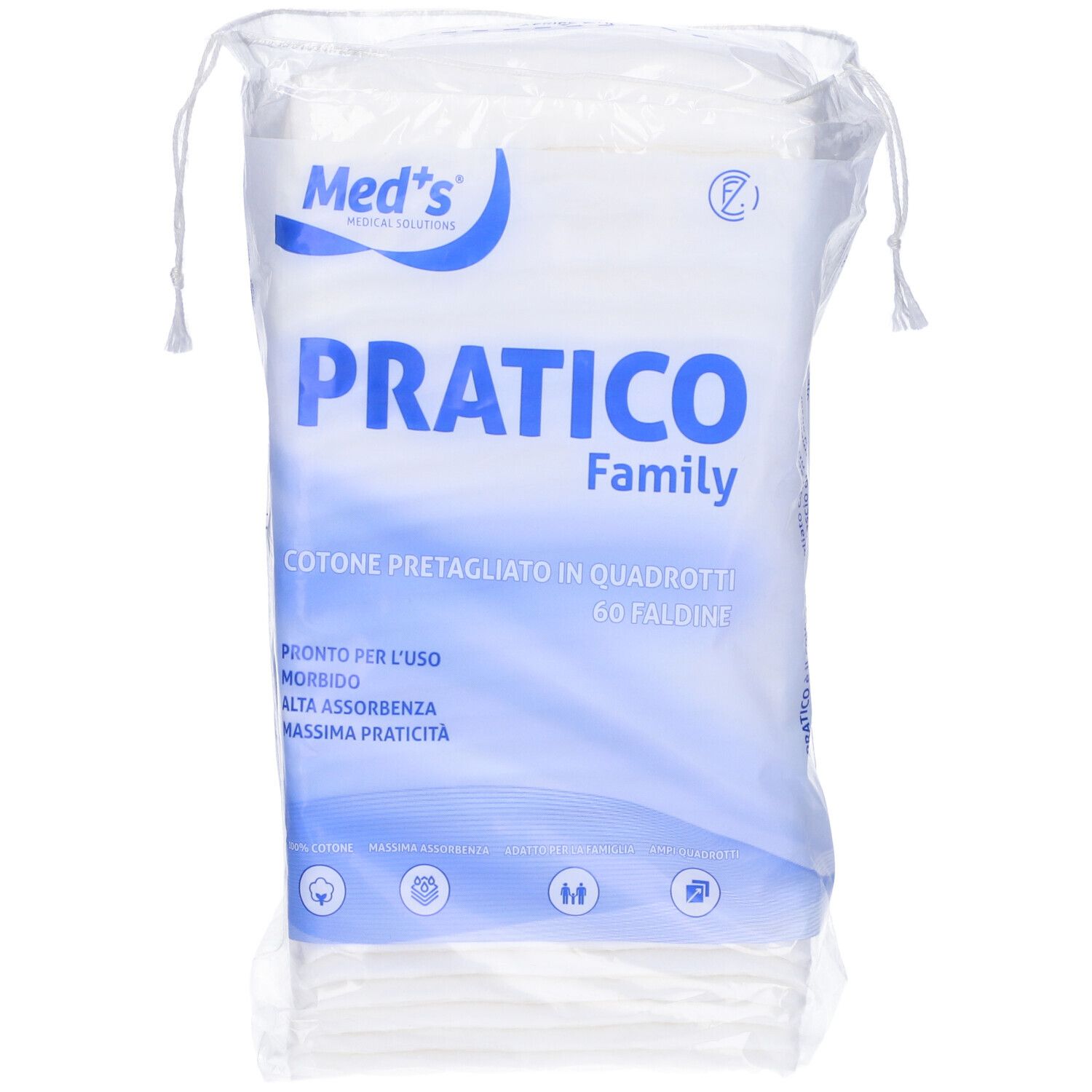 Verpackung mit quadratischen Wattepads. Aufschrift: PRATICO Family, 60 Falten. Marke: Med's. Klare Plastikverpackung.