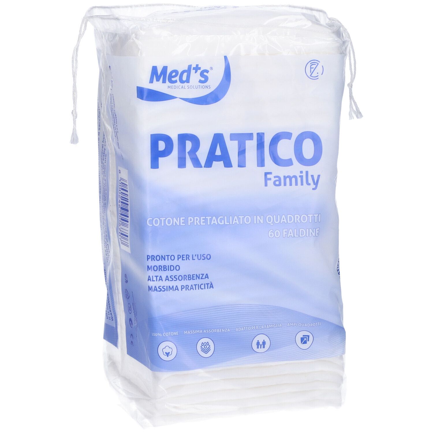 Verpackung mit quadratischen Wattepads. Aufschrift: PRATICO Family, 60 Falten. Marke: Med's. Klare Plastikverpackung.