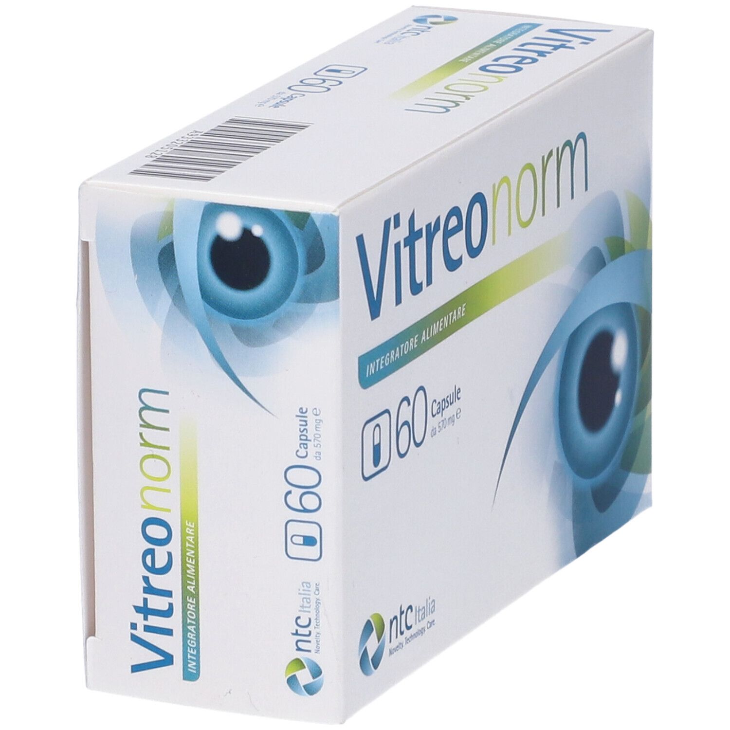 Scatola Vitreonorm, angolata. Bianca con design occhio blu. Testo: 'Integratore Alimentare' e 60 capsule.