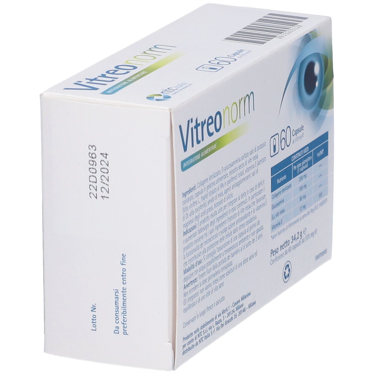 Scatola Vitreonorm, retro. Bianca, design occhio blu. Testo: 'Integratore Alimentare' e data di scadenza.