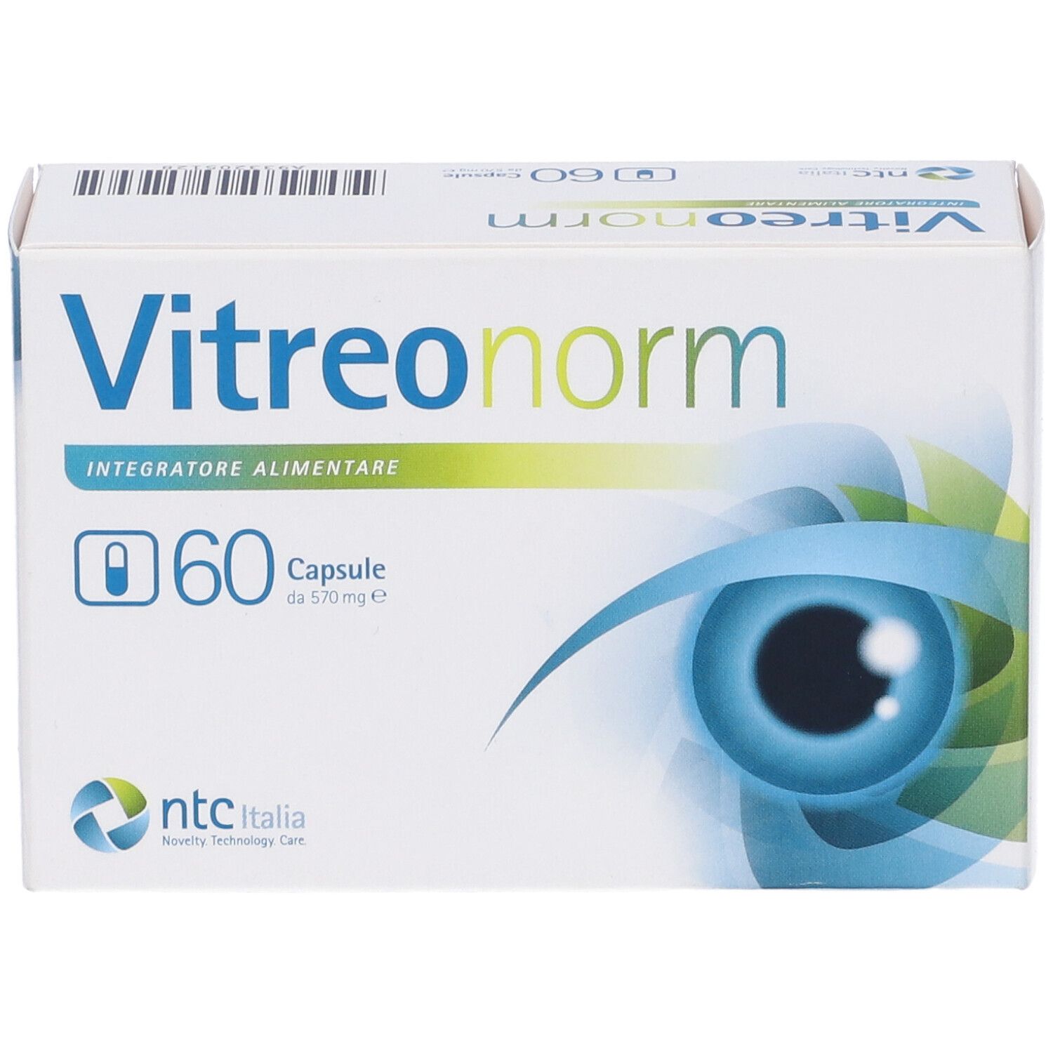 Scatola Vitreonorm con 60 capsule. Bianca, design occhio blu. Testo: 'Integratore Alimentare' e simbolo capsula.