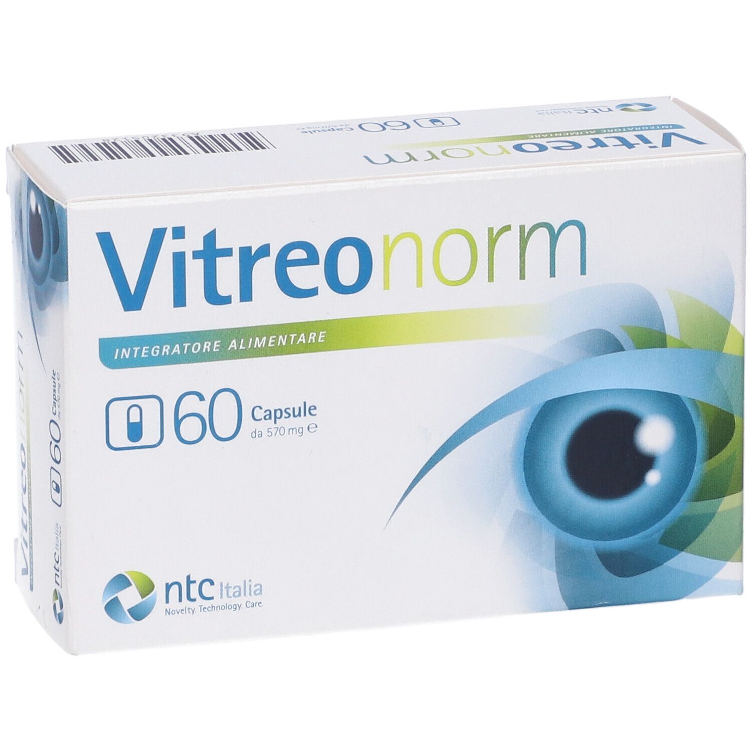 Scatola Vitreonorm con 60 capsule. Bianca, design occhio blu. Testo: 'Integratore Alimentare' e simbolo capsula.