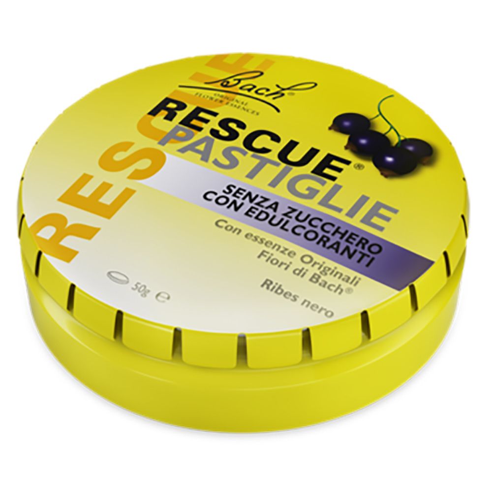 Scatola gialla con "Rescue Pastiglie" e illustrazione di ribes nero. Testo: "Senza zucchero".
