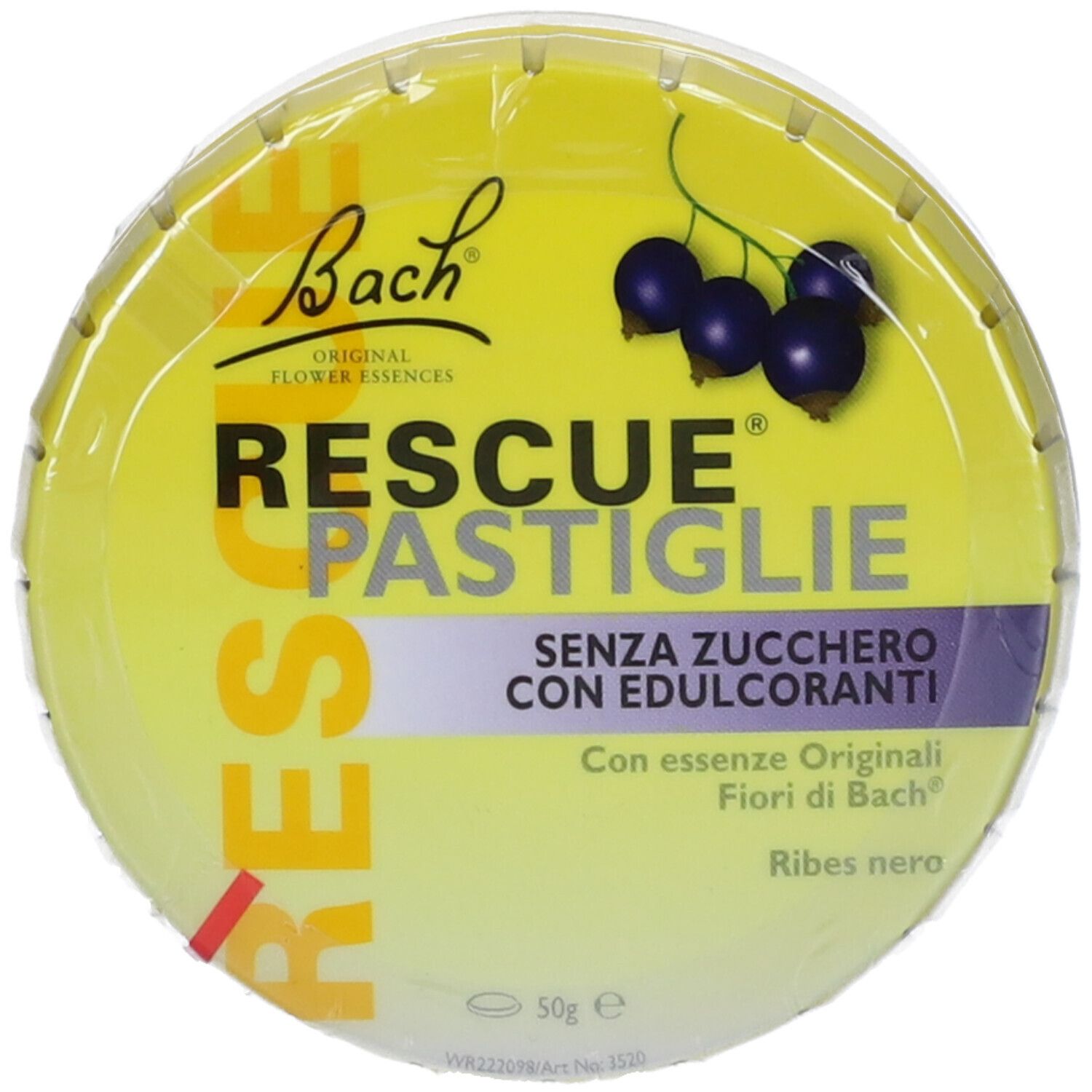 Scatola gialla "Rescue Pastiglie" con illustrazione di ribes nero, confezionata. Testo: "Senza zucchero".