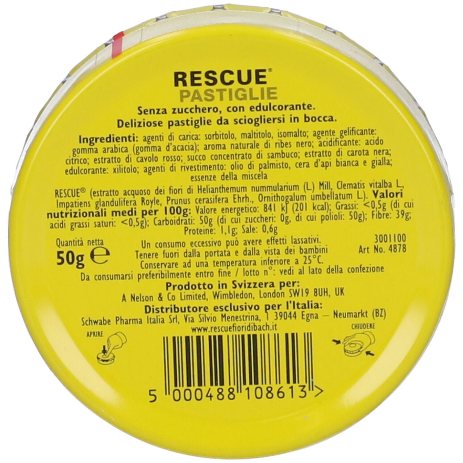 Scatola gialla "Rescue Pastiglie" con testo e informazioni sugli ingredienti. Scritta: "50g e".