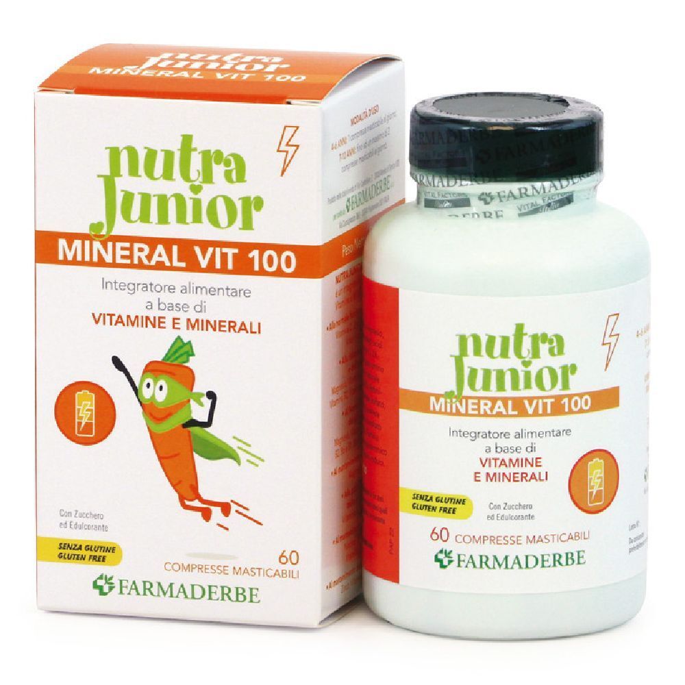 Scatola e flacone. Scritto: Nutra Junior Mineral Vit 100, 60 compresse. Senza glutine.