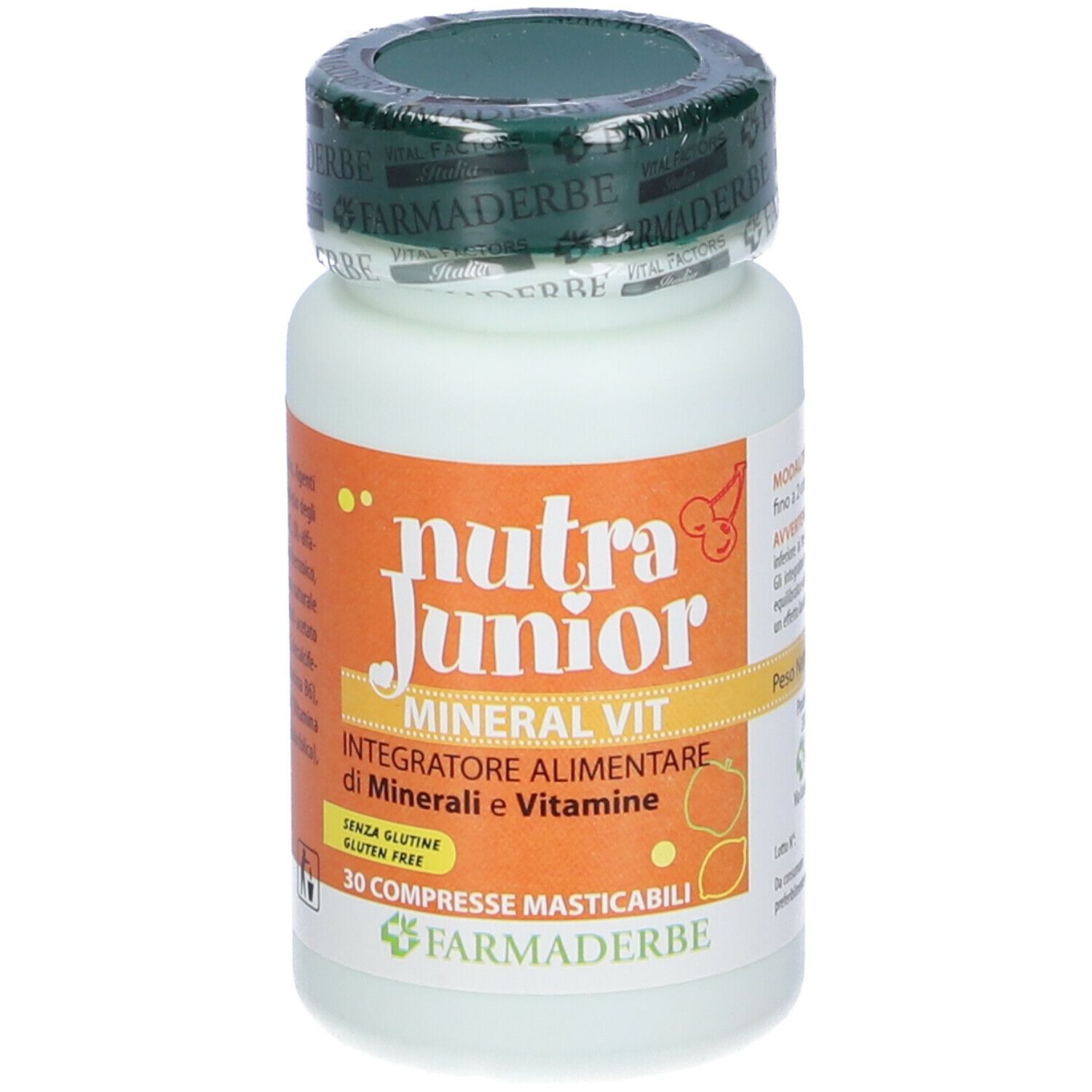 Flacone di compresse. Scritto: Nutra Junior Mineral Vit, 30 compresse. Senza glutine.