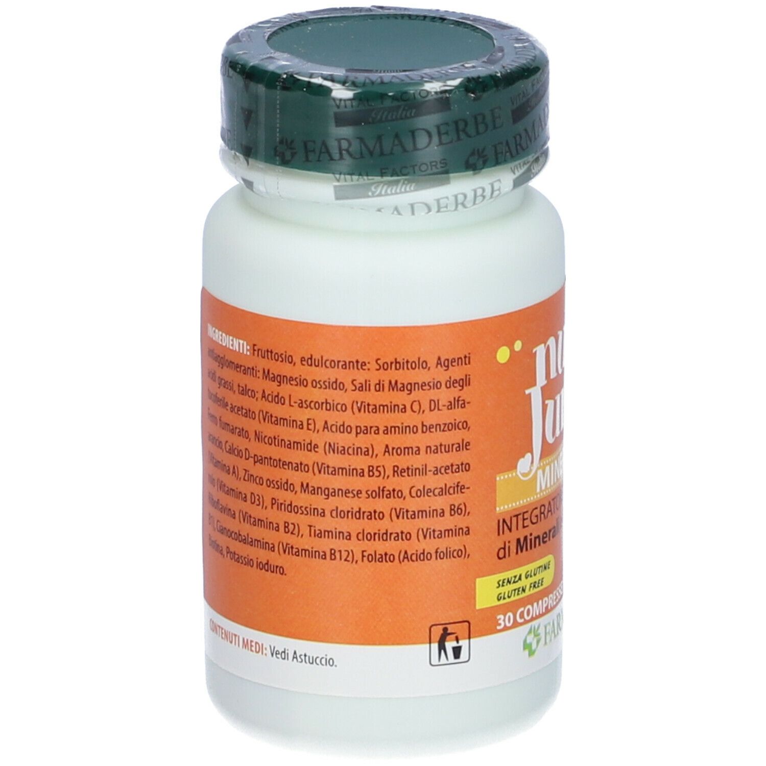 Flacone di compresse. Scritto: Nutra Junior Mineral Vit, 30 compresse. Senza glutine.