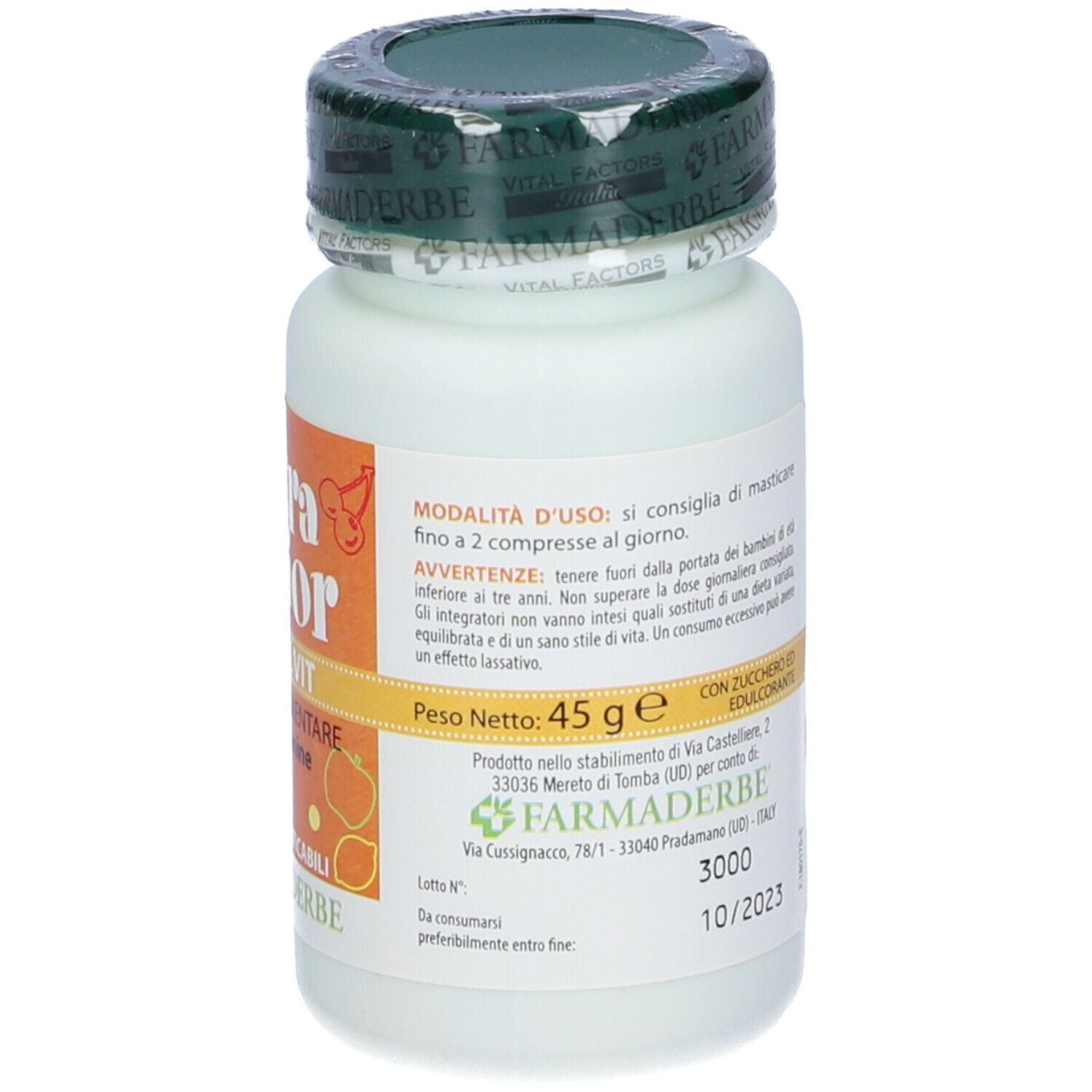 Flacone di compresse. Scritto: Nutra Junior Mineral Vit, 45 g. Senza glutine.