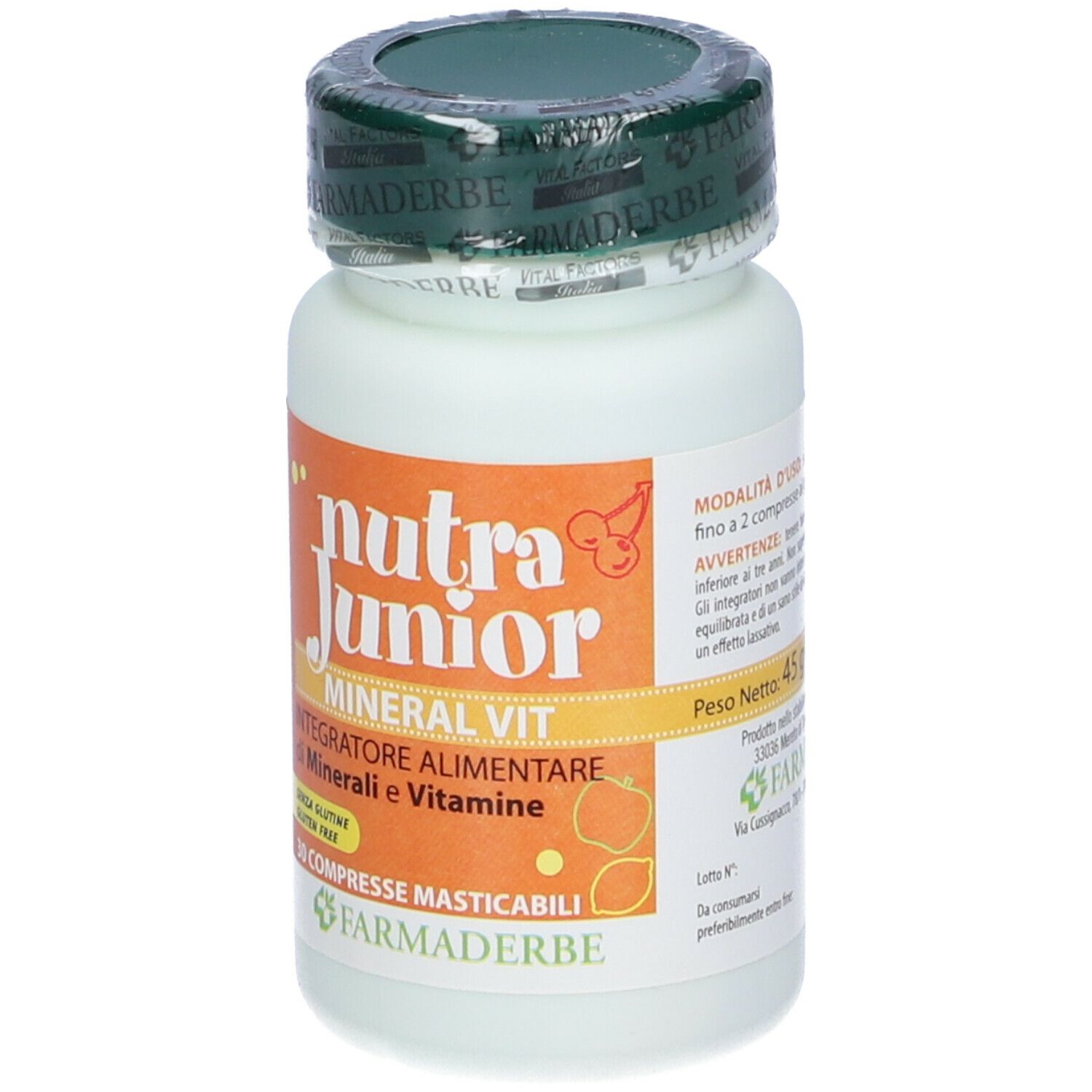 Flacone di compresse. Scritto: Nutra Junior Mineral Vit, 45 g. Senza glutine.