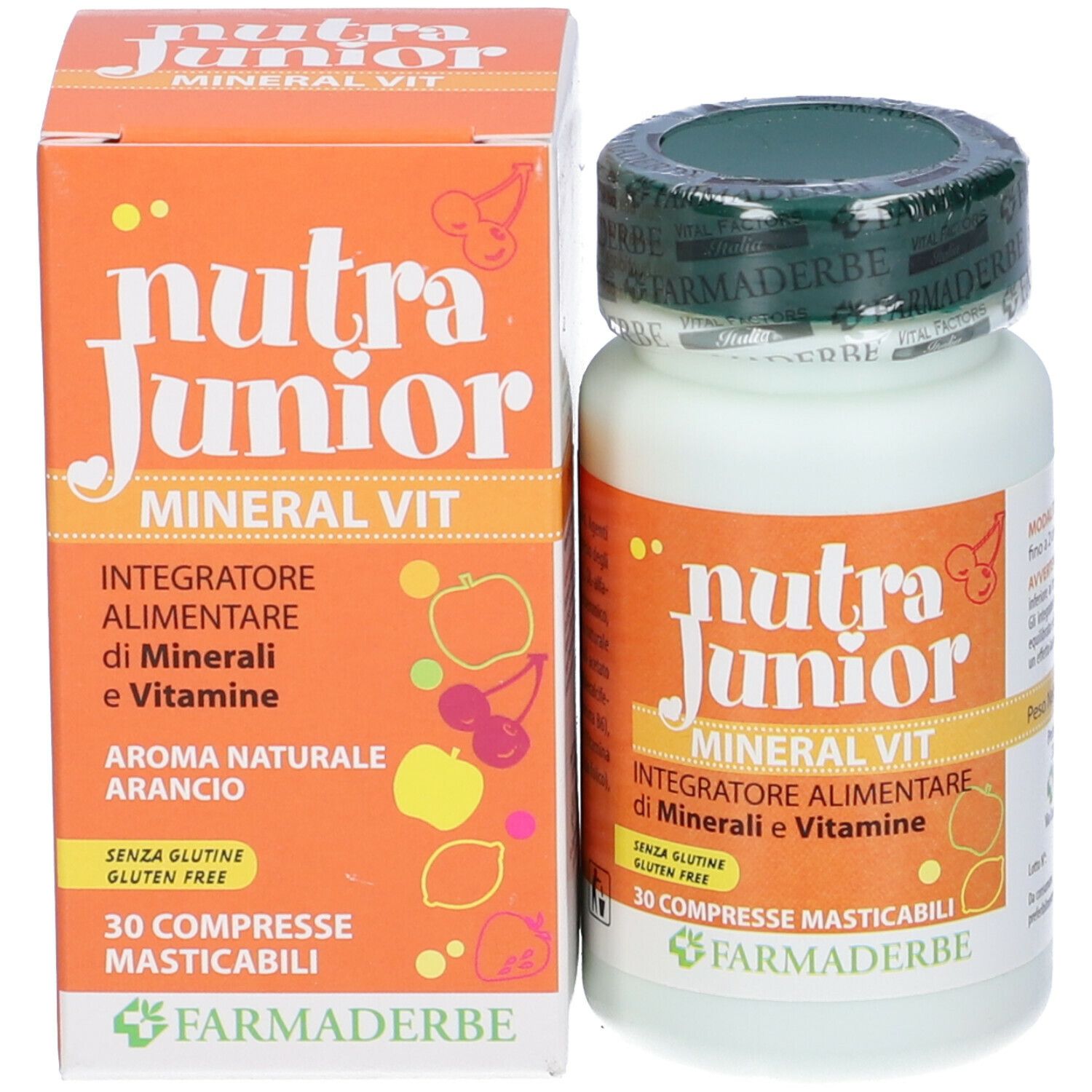 Scatola e flacone. Scritto: Nutra Junior Mineral Vit, 30 compresse. Senza glutine.