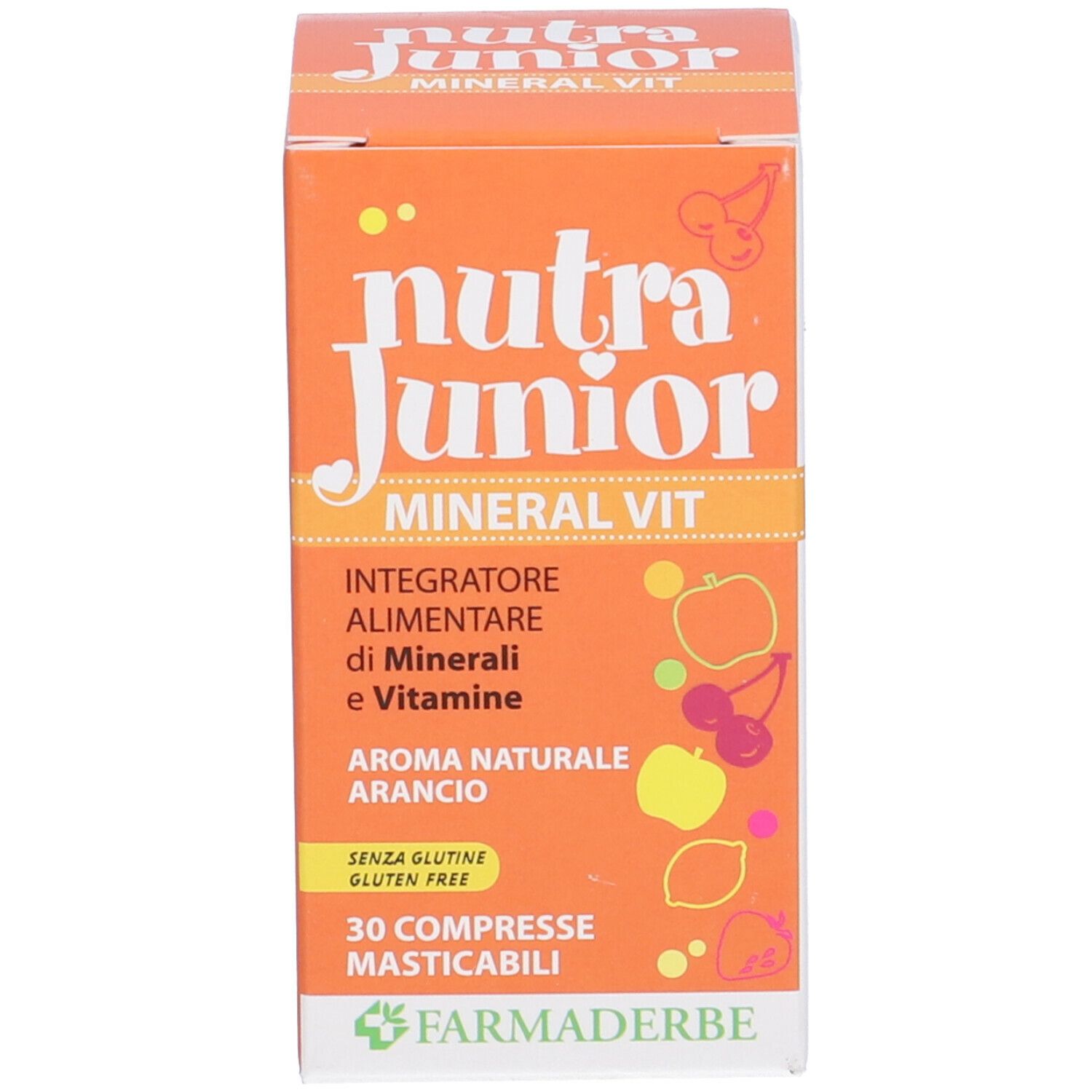 Scatola. Scritto: Nutra Junior Mineral Vit, 30 compresse. Senza glutine.