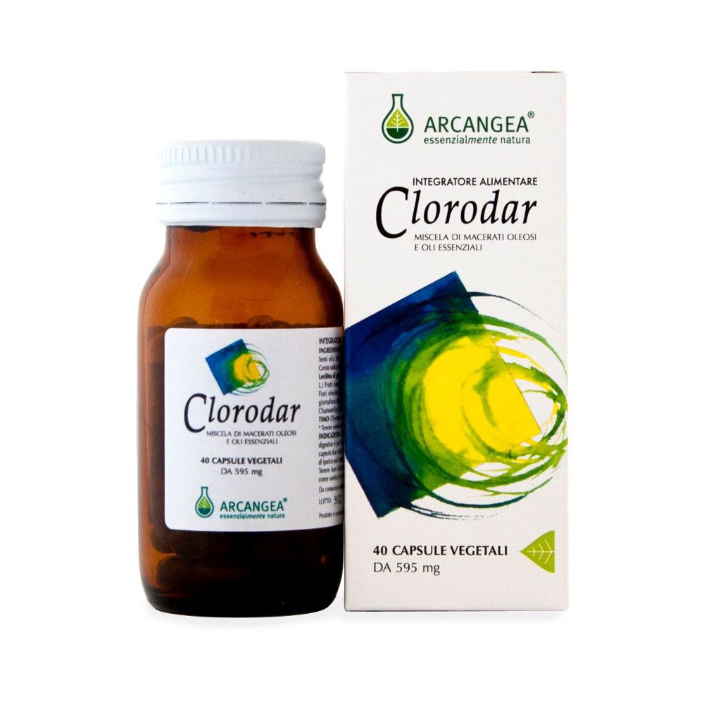 Flacone in vetro marrone e scatola. Scritta Clorodar 40 Capsule Vegetali.