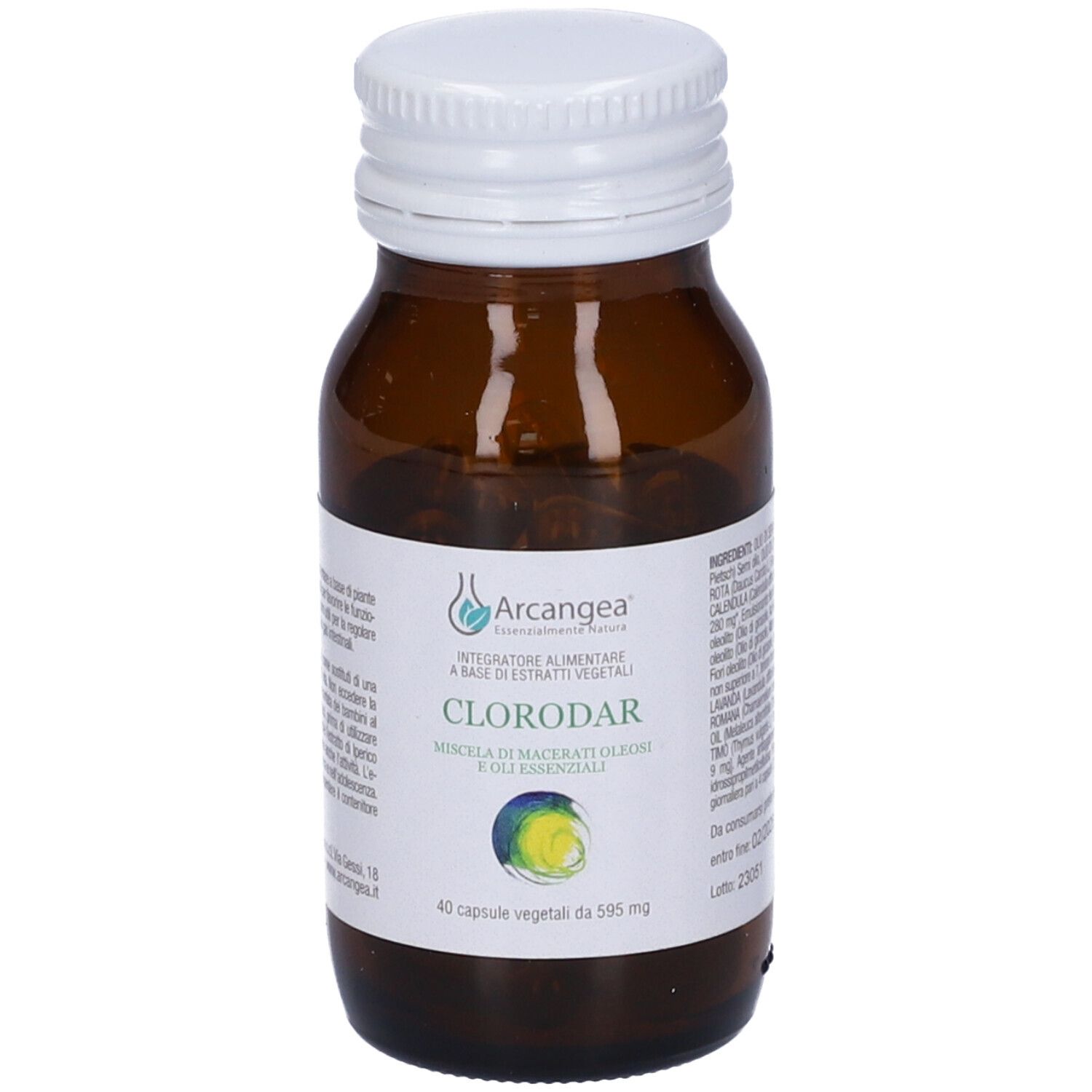 Flacone in vetro marrone con tappo bianco. Scritta Clorodar 40 Capsule Vegetali.