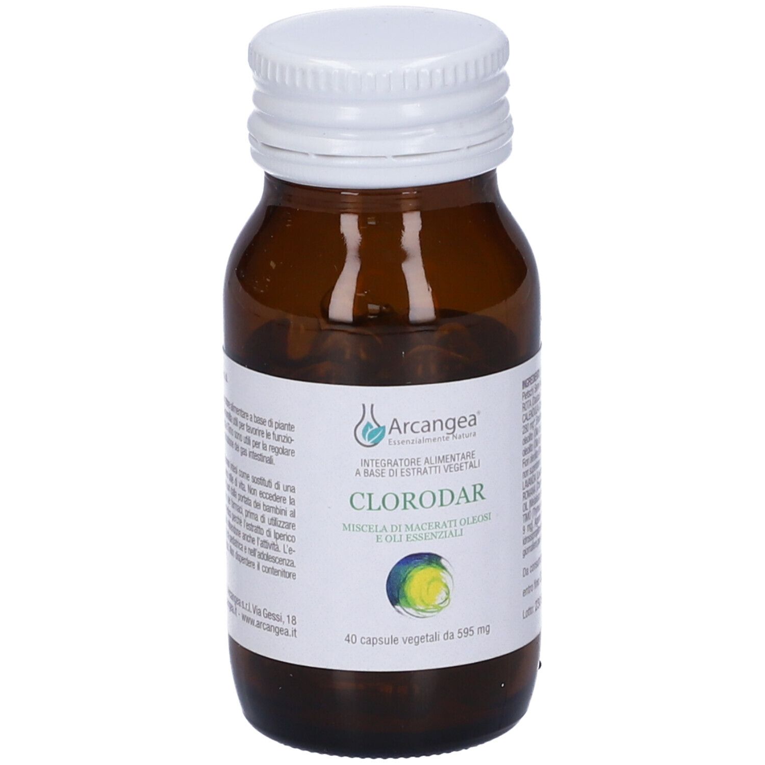 Flacone in vetro marrone con tappo bianco. Scritta Clorodar 40 Capsule Vegetali.