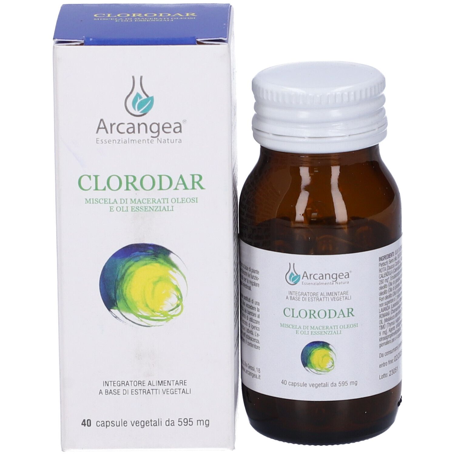 Flacone in vetro marrone e scatola. Scritta Clorodar 40 Capsule Vegetali.