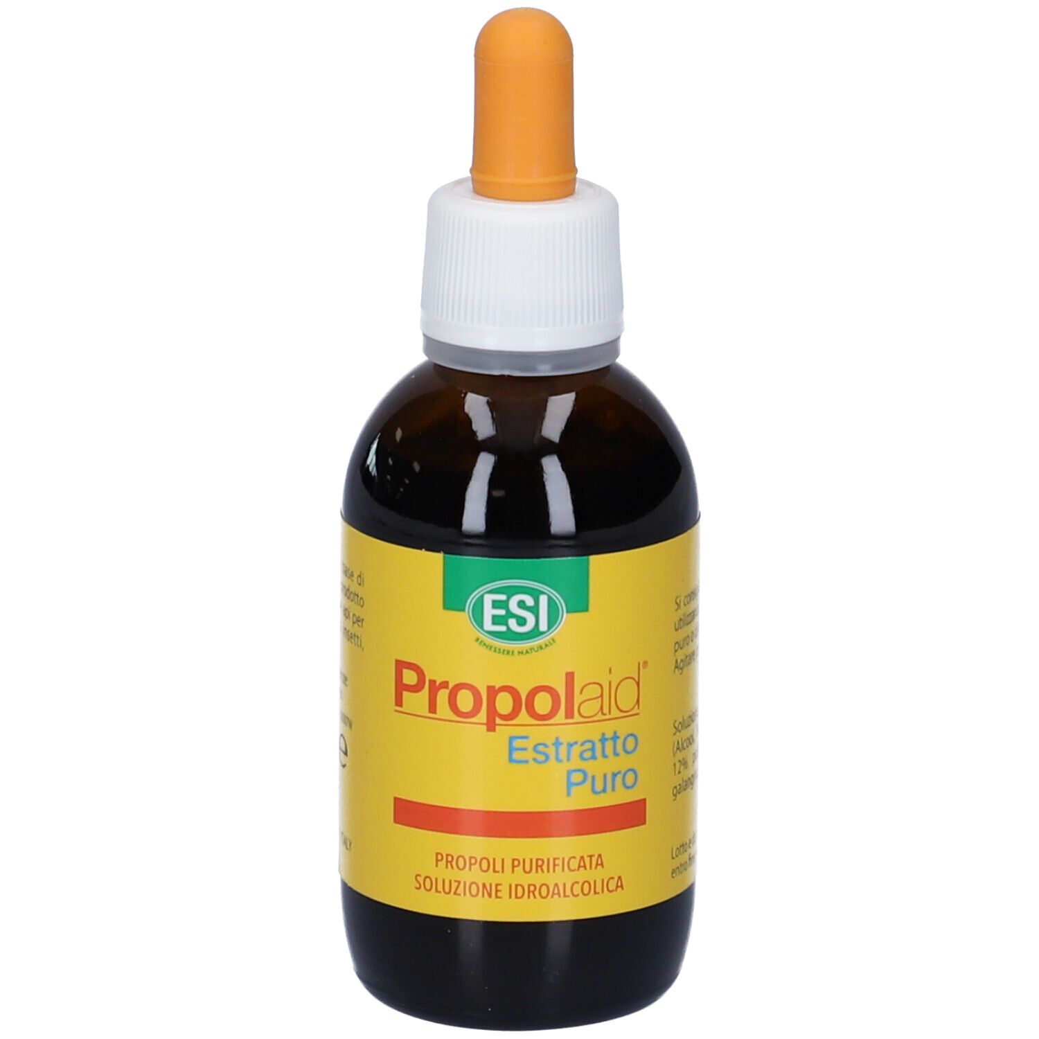 Flacone di vetro marrone con etichetta gialla. Scritta: ESI Propolaid Estratto Puro. Contagocce.