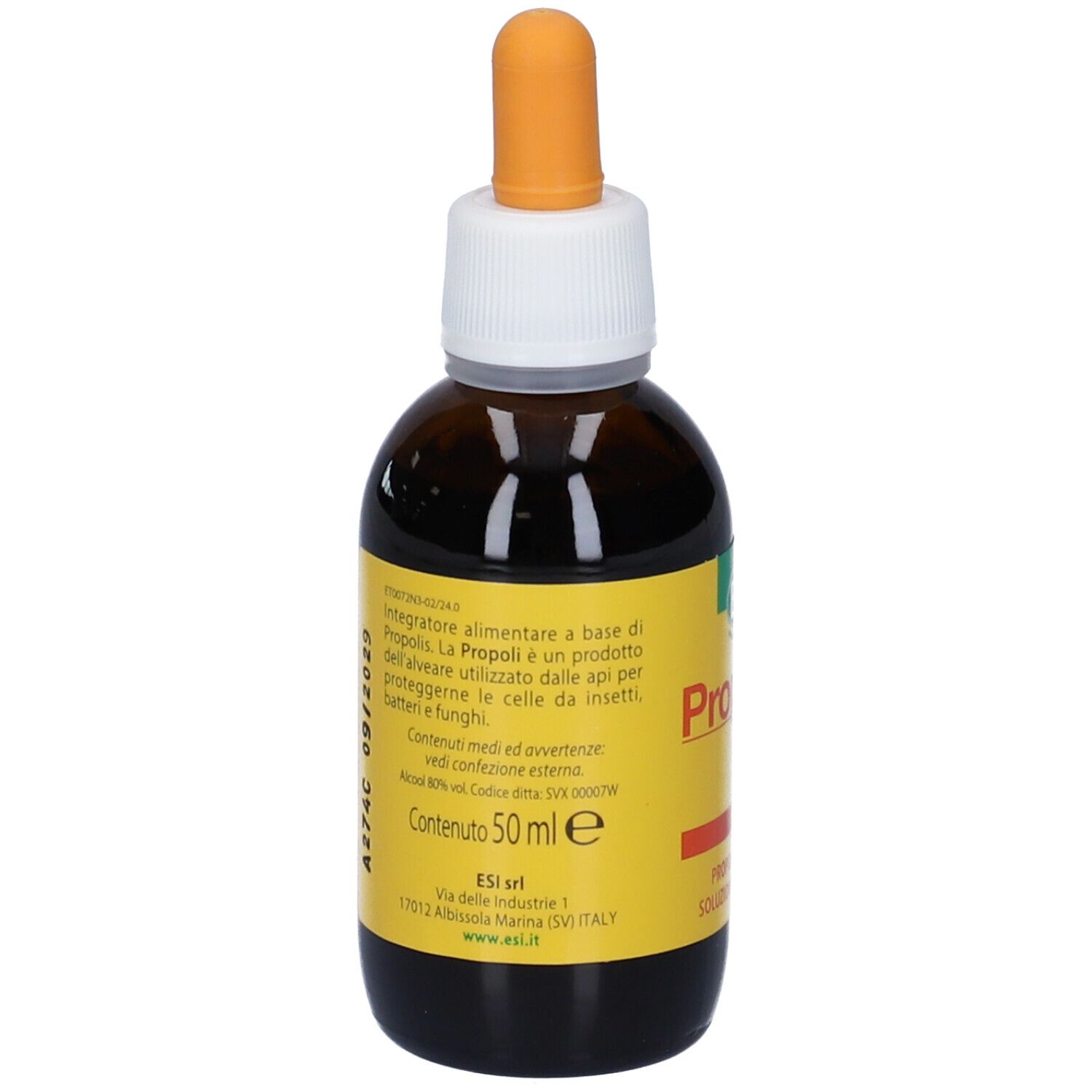 Flacone di vetro marrone con etichetta gialla. Scritta: ESI Propolaid Estratto Puro. Contiene 50 ml.