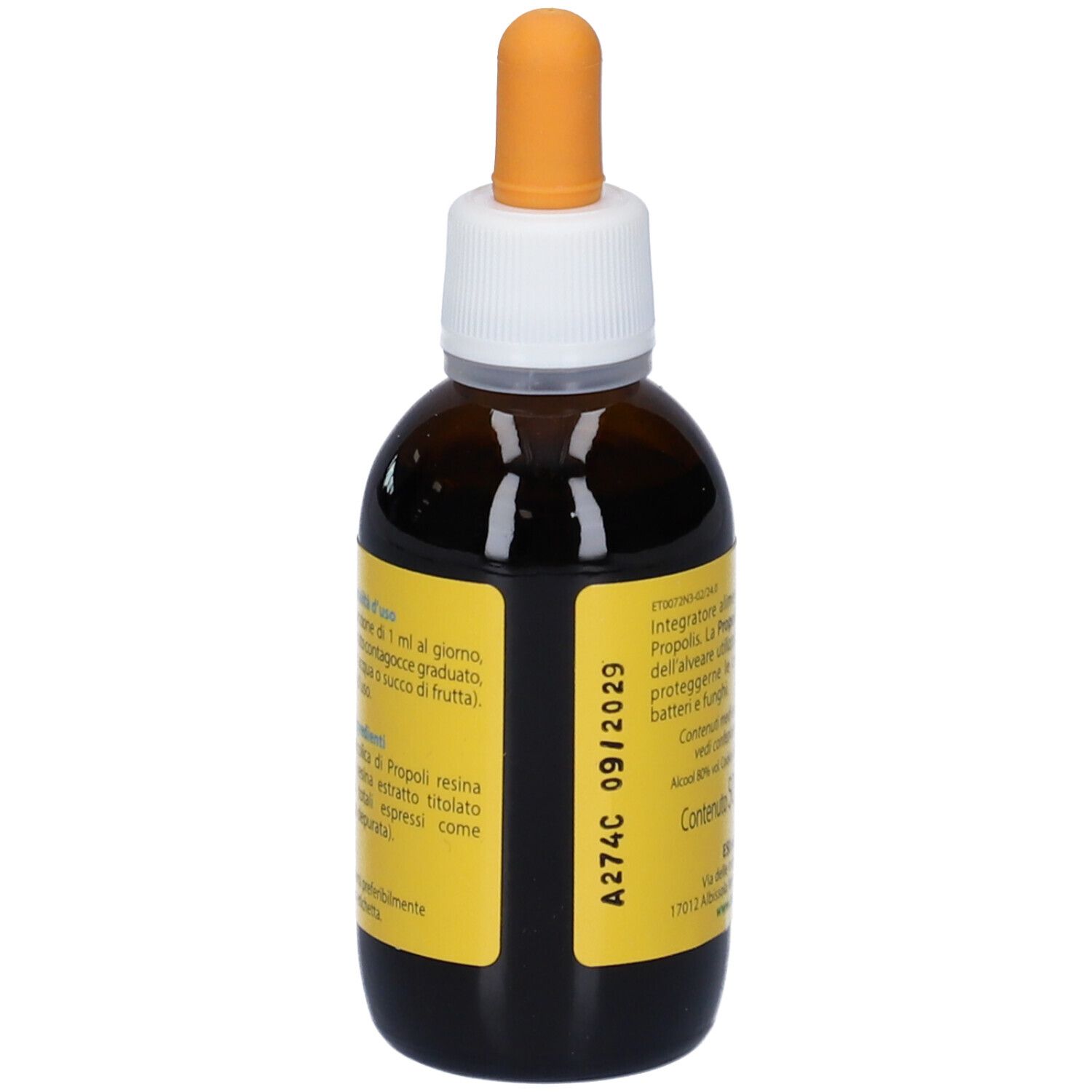 Flacone di vetro marrone con etichetta gialla. Scritta: ESI Propolaid Estratto Puro. Retro con testo.