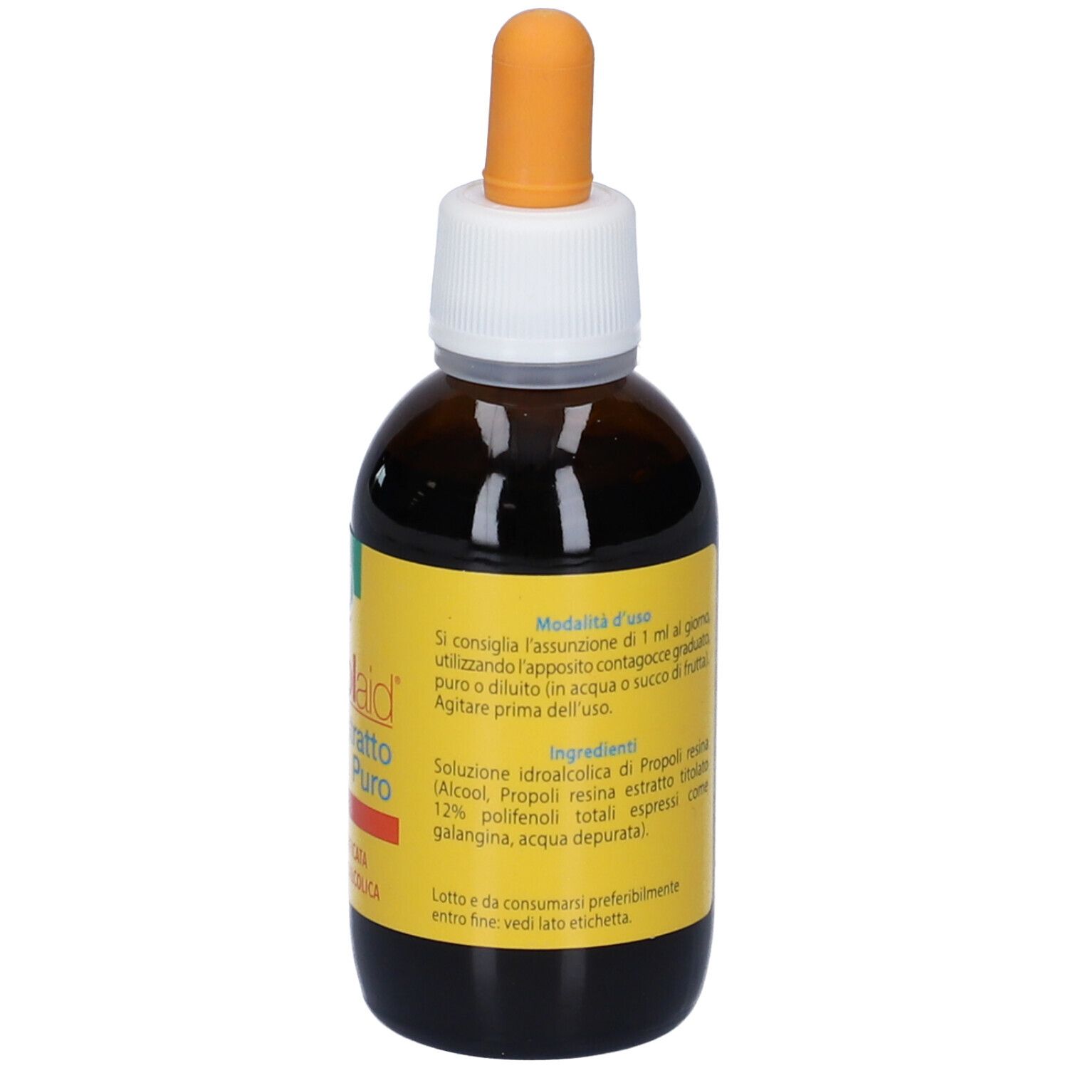 Flacone di vetro marrone con etichetta gialla. Scritta: ESI Propolaid Estratto Puro. Testo con ingredienti.