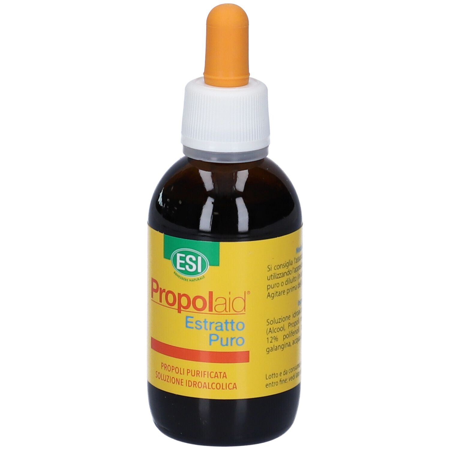 Flacone di vetro marrone con etichetta gialla. Scritta: ESI Propolaid Estratto Puro. Contagocce.