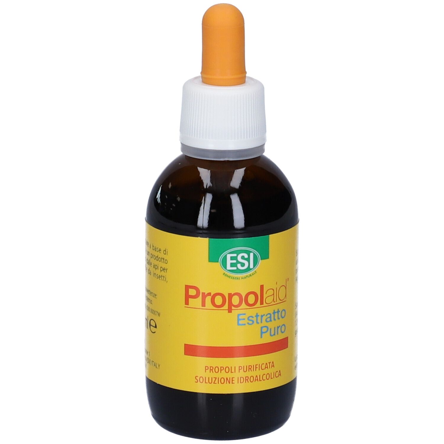 Flacone di vetro marrone con etichetta gialla. Scritta: ESI Propolaid Estratto Puro. Contagocce.