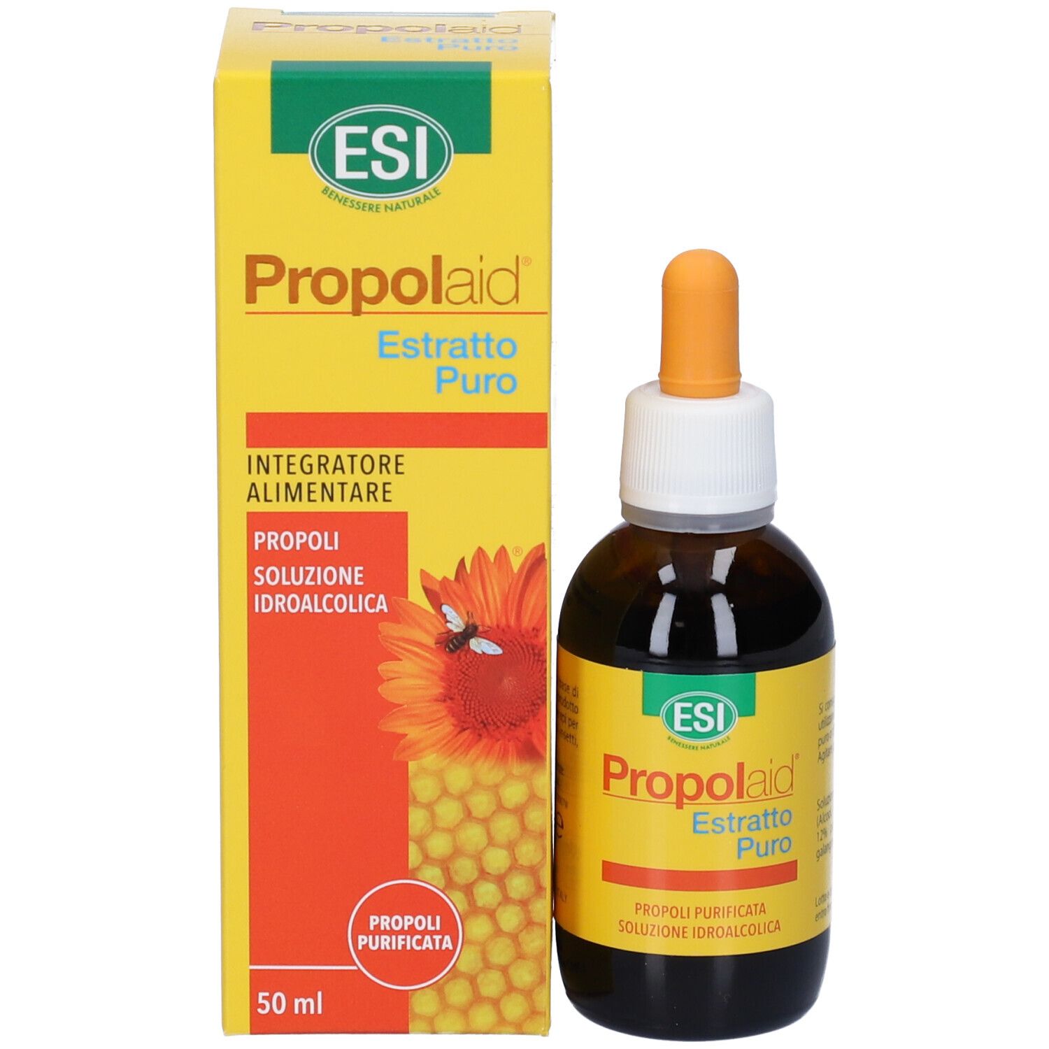Prodotto e confezione. Flacone e scatola ESI Propolaid Estratto Puro. Giallo, con testo e logo.