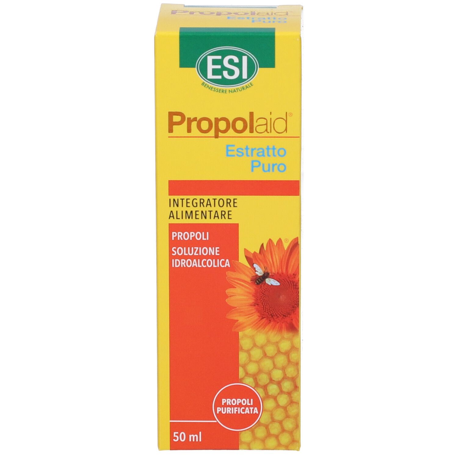 Confezione. Scatola ESI Propolaid Estratto Puro. Giallo, con testo, logo e immagine di un fiore.