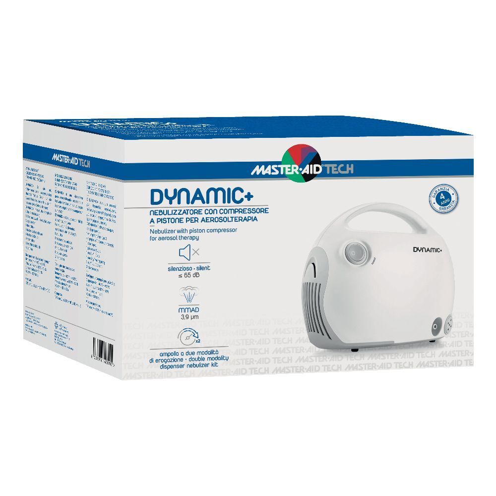 Nebulizzatore DYNAMIC+ in confezione. Apparecchio bianco con maniglia, elemento nero e pulsanti. Testo: MASTER AID TECH.