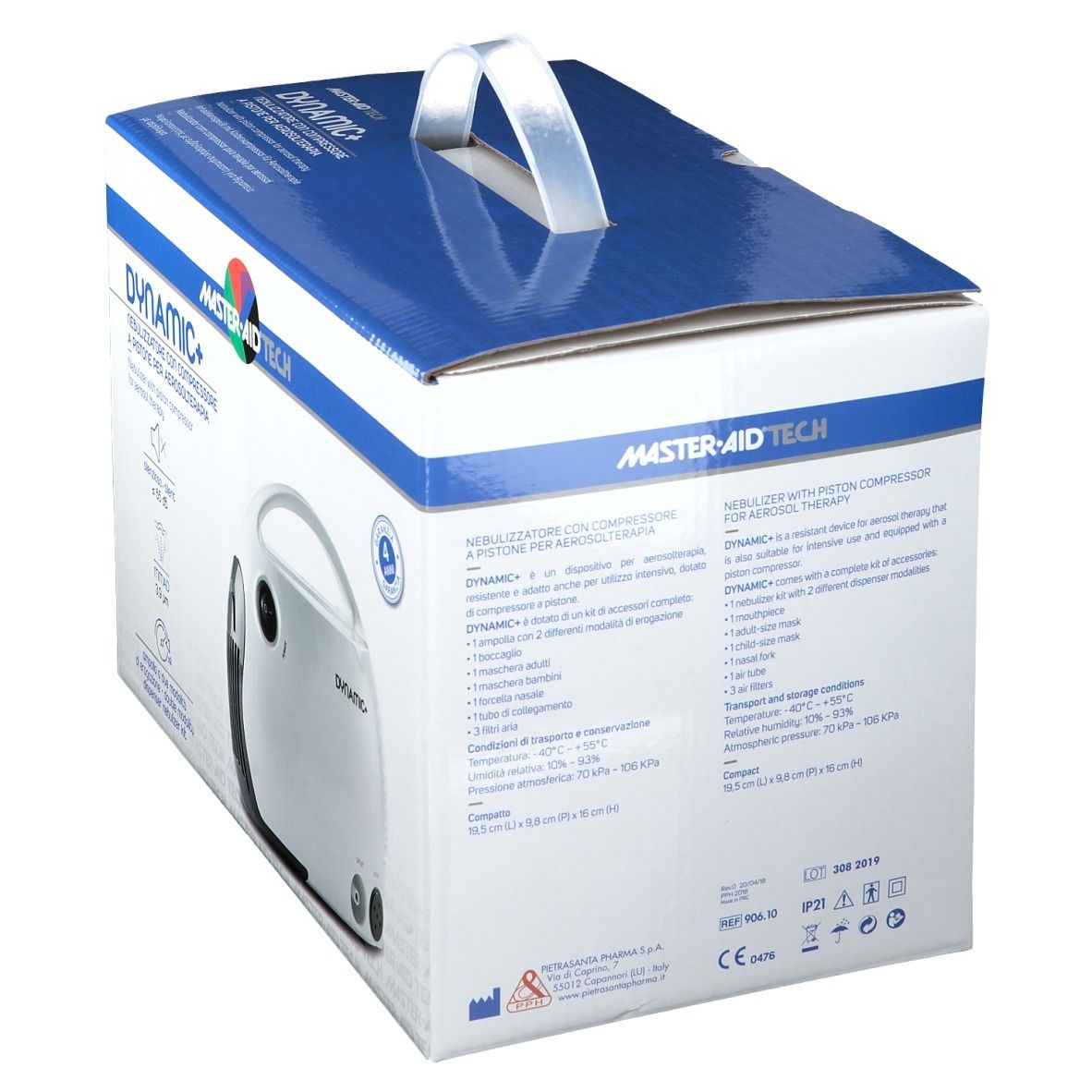 Confezione del nebulizzatore DYNAMIC+. Apparecchio bianco con maniglia. Testo: MASTER AID TECH, DYNAMIC+. Vista angolata.