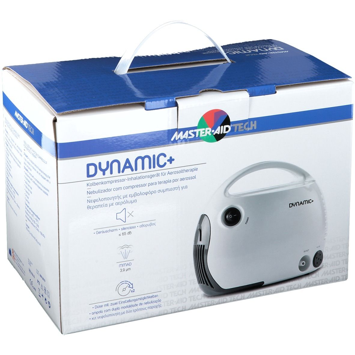 Nebulizzatore DYNAMIC+ in confezione. Apparecchio bianco con maniglia ed elemento nero. Testo: MASTER AID TECH, DYNAMIC+.