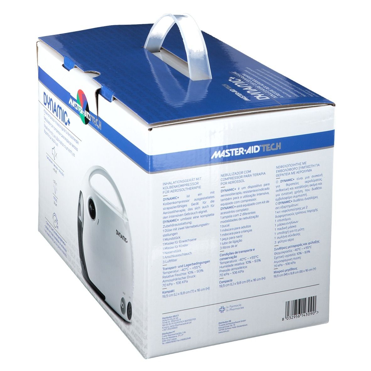 Confezione del nebulizzatore DYNAMIC+. Apparecchio bianco con maniglia. Testo: MASTER AID TECH, DYNAMIC+. Vista angolata.