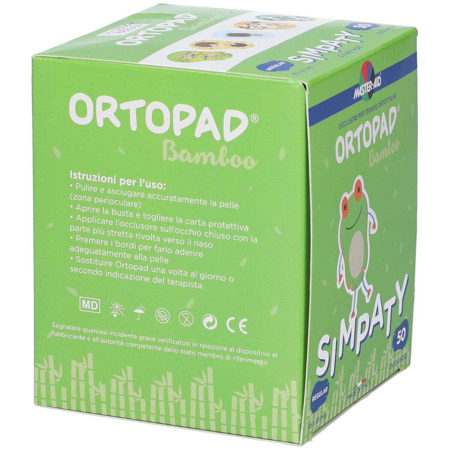Confezione verde con nome del prodotto e testo. Contiene istruzioni per l'uso. Marchio: Master Aid. Con marchio CE.