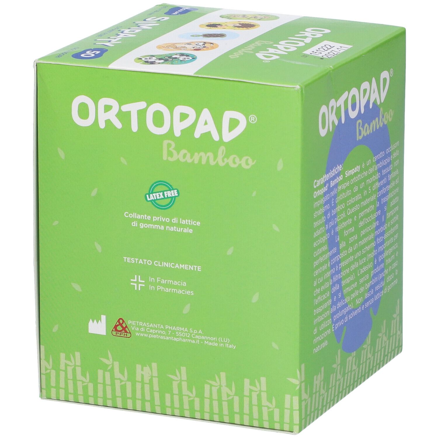 Confezione verde con nome del prodotto e testo. Senza lattice. Clinicamente testato. Marchio: Master Aid. Con motivo bambù.