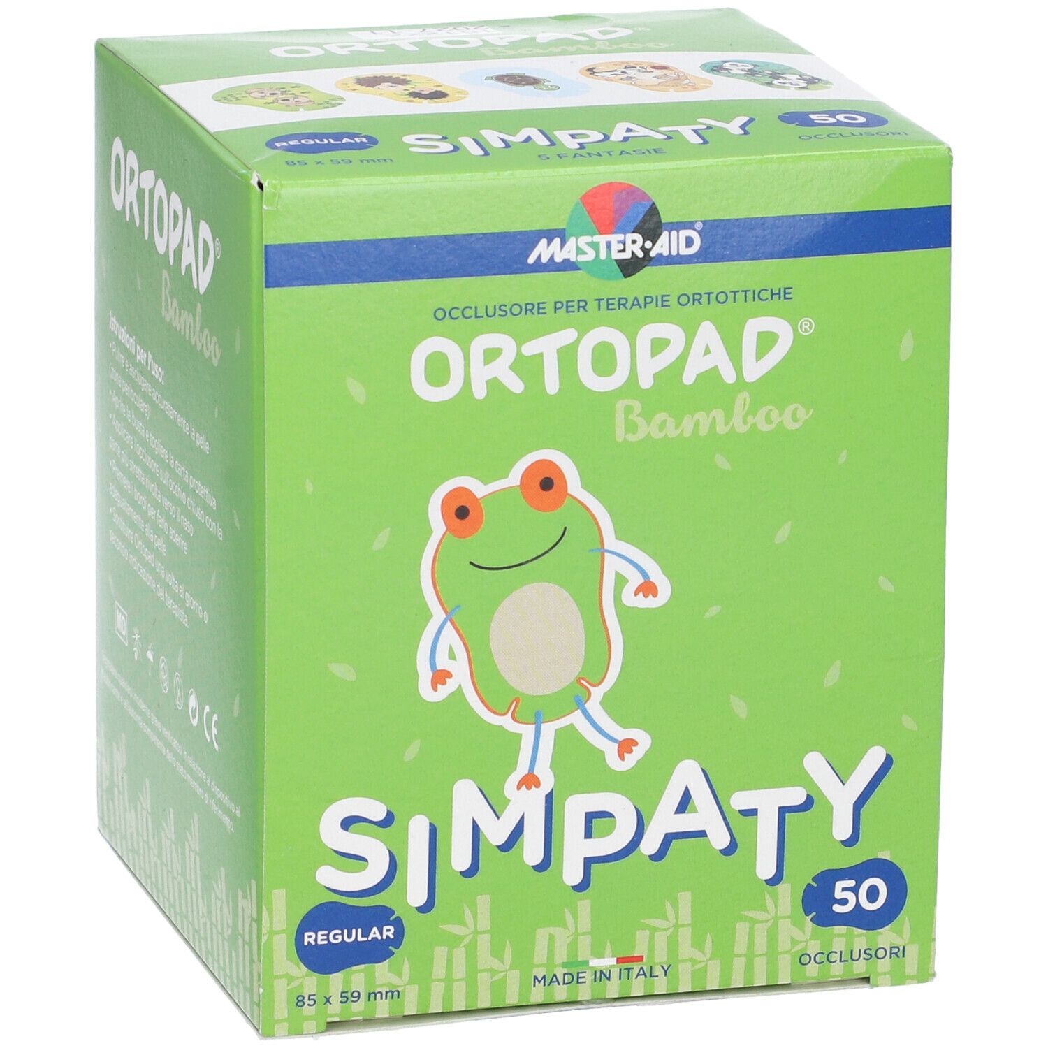 Confezione verde con nome del prodotto e illustrazione di rana. Contiene 50 cerotti occlusivi. Marchio: Master Aid.
