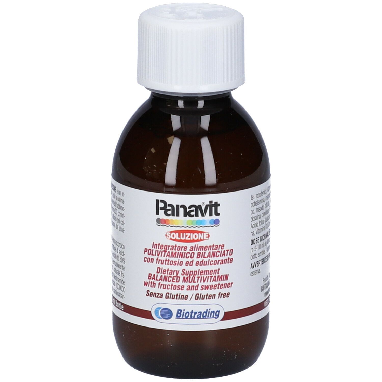 Flacone marrone con tappo bianco. Scritta Panavit Soluzione. Etichetta con informazioni.