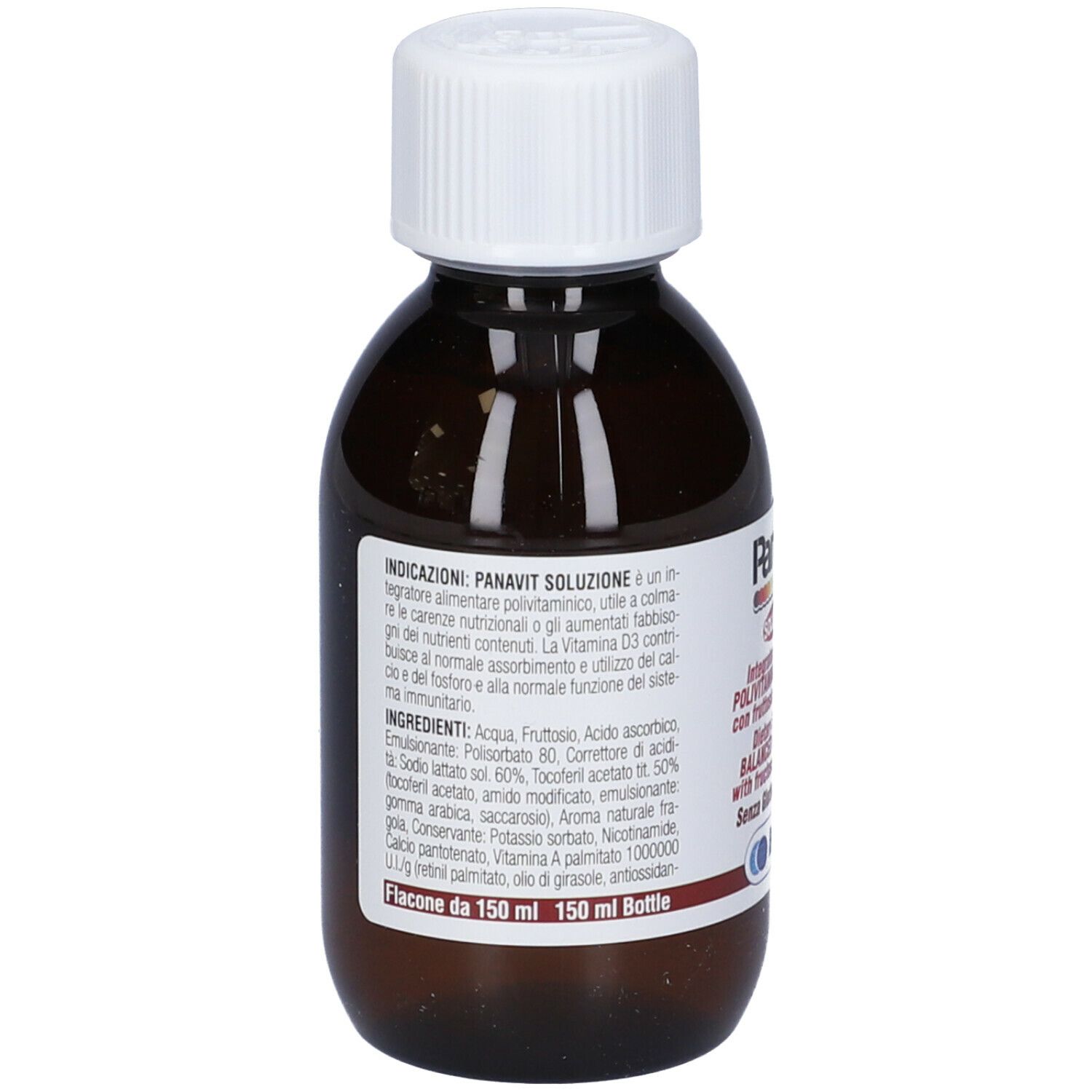 Flacone marrone con tappo bianco. Etichetta con informazioni, ingredienti e dosaggio.