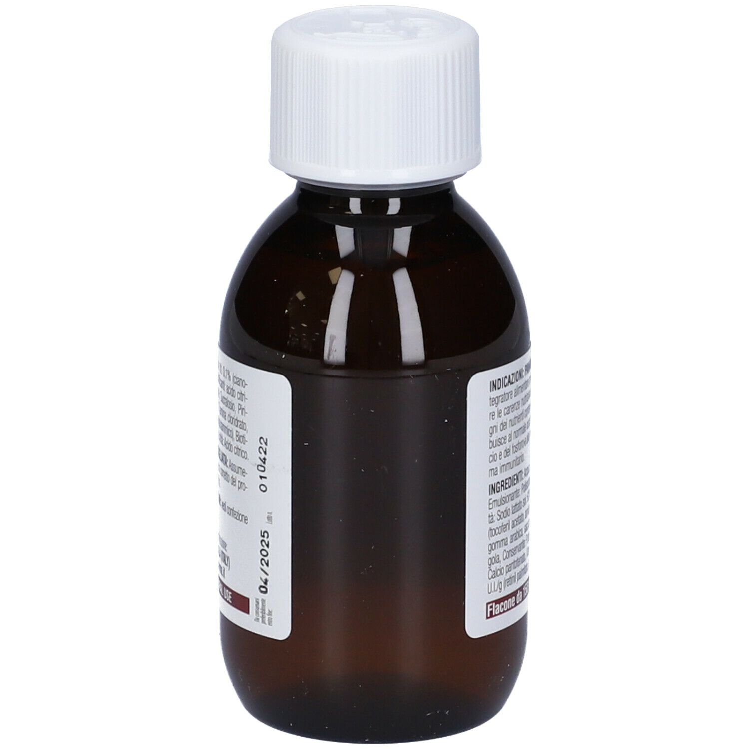 Flacone marrone con tappo bianco. Etichetta con informazioni, ingredienti e dosaggio.