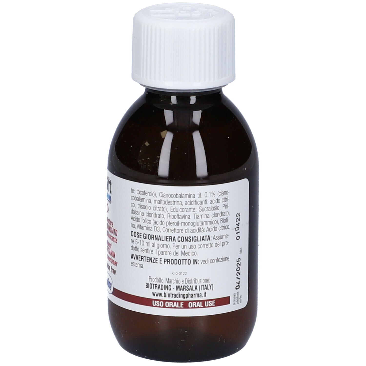 Flacone marrone con tappo bianco. Etichetta con informazioni, ingredienti e dosaggio.