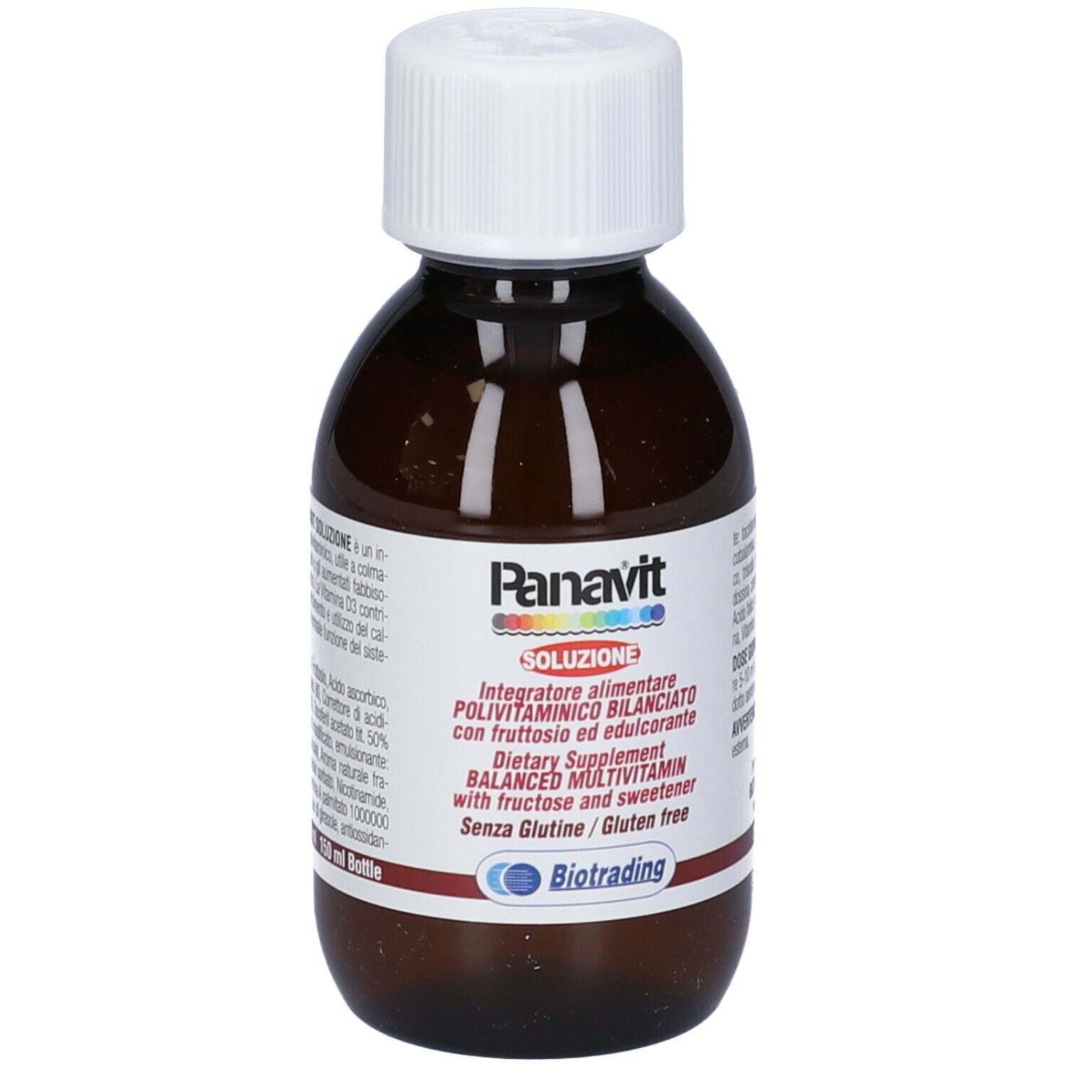 Flacone marrone con tappo bianco. Scritta Panavit Soluzione. Etichetta con informazioni.